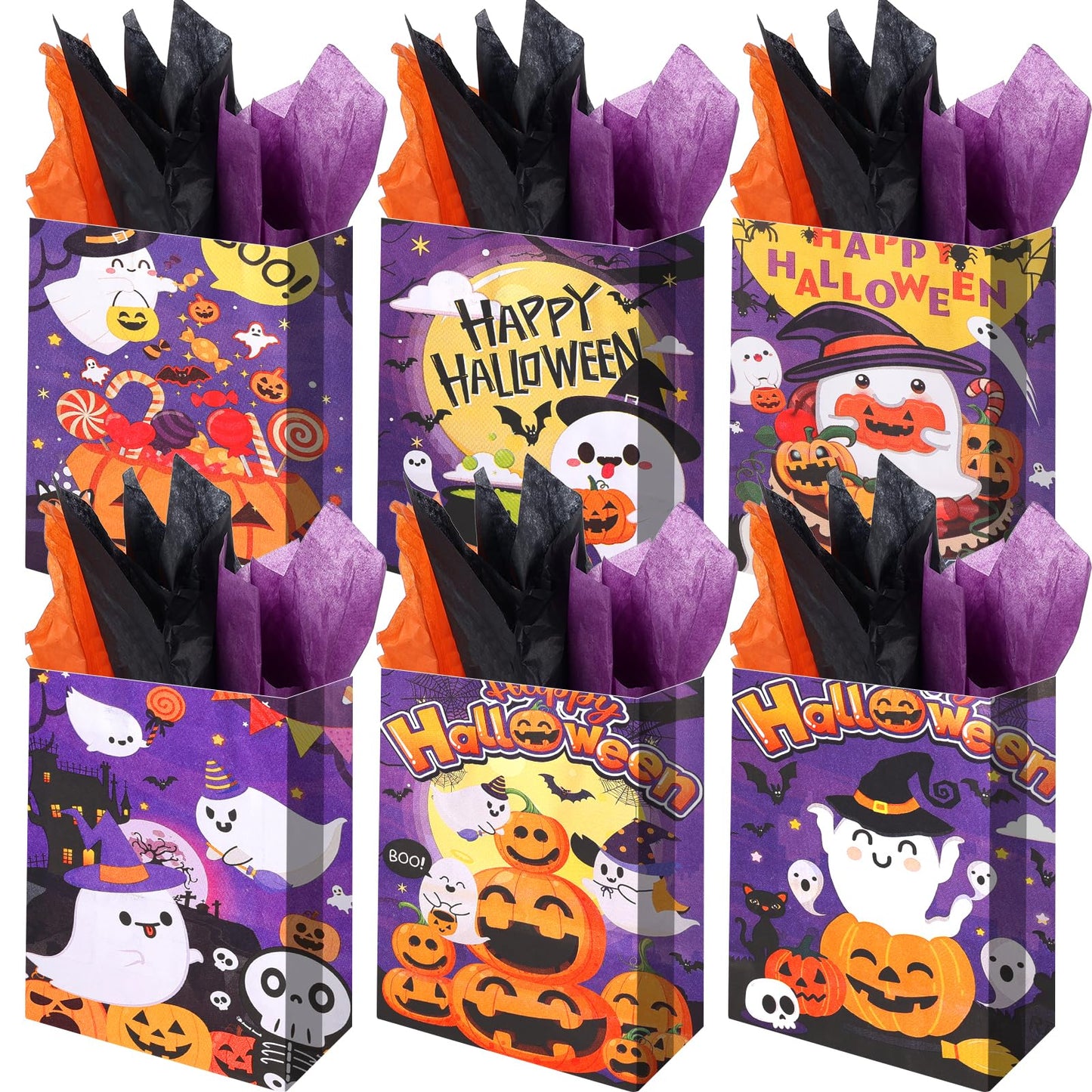 24Pcs Purple Halloween Paper Gift Bags and 24 Sheets Tissue Paper, Halloween Party Bags with Handle Candy Goodie Bags for Trick & Treat Party Supplies
