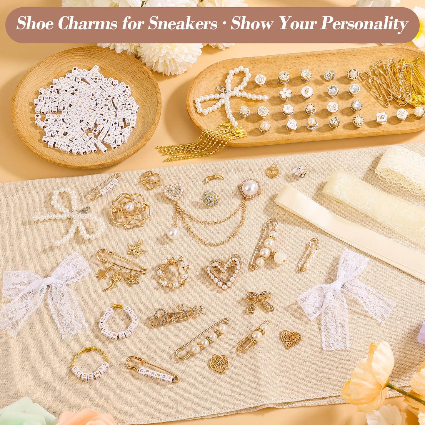 Tetutor 389 pcs Shoe Charms for Sneakers, Junk Socks Charms Kit, Pearl and Rhinestone Shoelace Charm with Brooches and Pins for Women, DIY Accessories for Decorating and Personalizing Socks