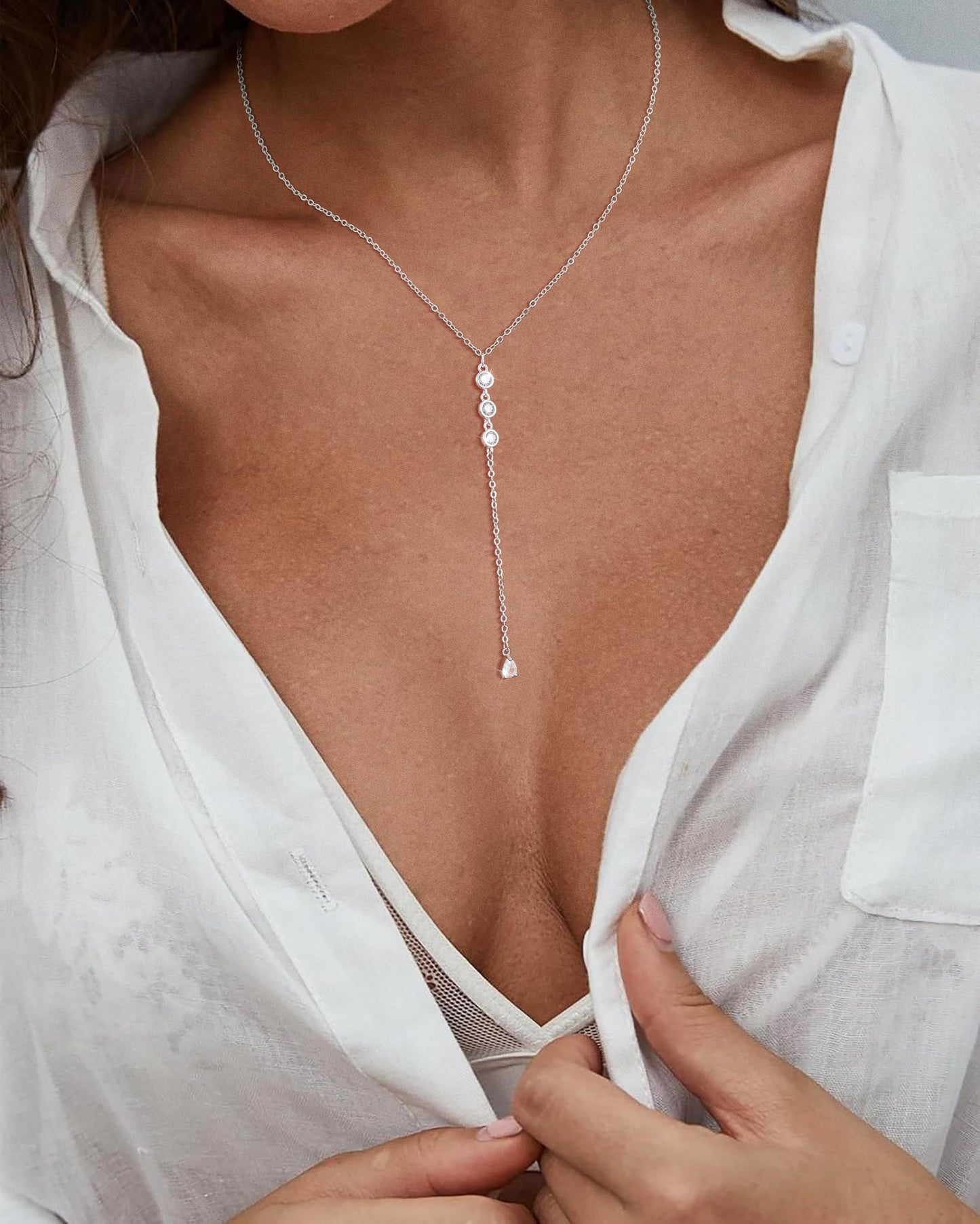 JIKASI Silver Long Necklaces for Women, Dainty Long Necklace 14k Gold Silver Plated Y-Shaped Body Chain Pendant Necklaces Trendy CZ Drop Beaded Chain Wedding Jewelry Gifts