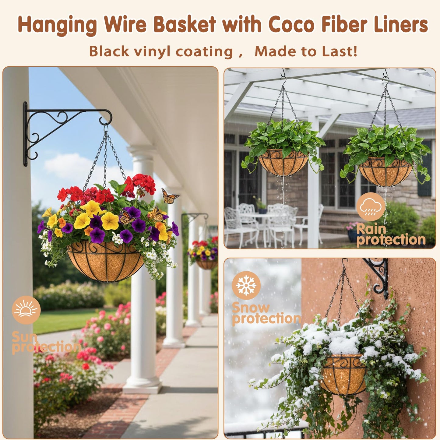 14 inch Metal Hanging Baskets For Plants Outdoor 4 Pack Round Metal Wire Hanging Basket Planter with Coco Fiber Liners Chain Round Wire Plant Holder for Garden, Patio, Deck, Porch Plants Flower Potss