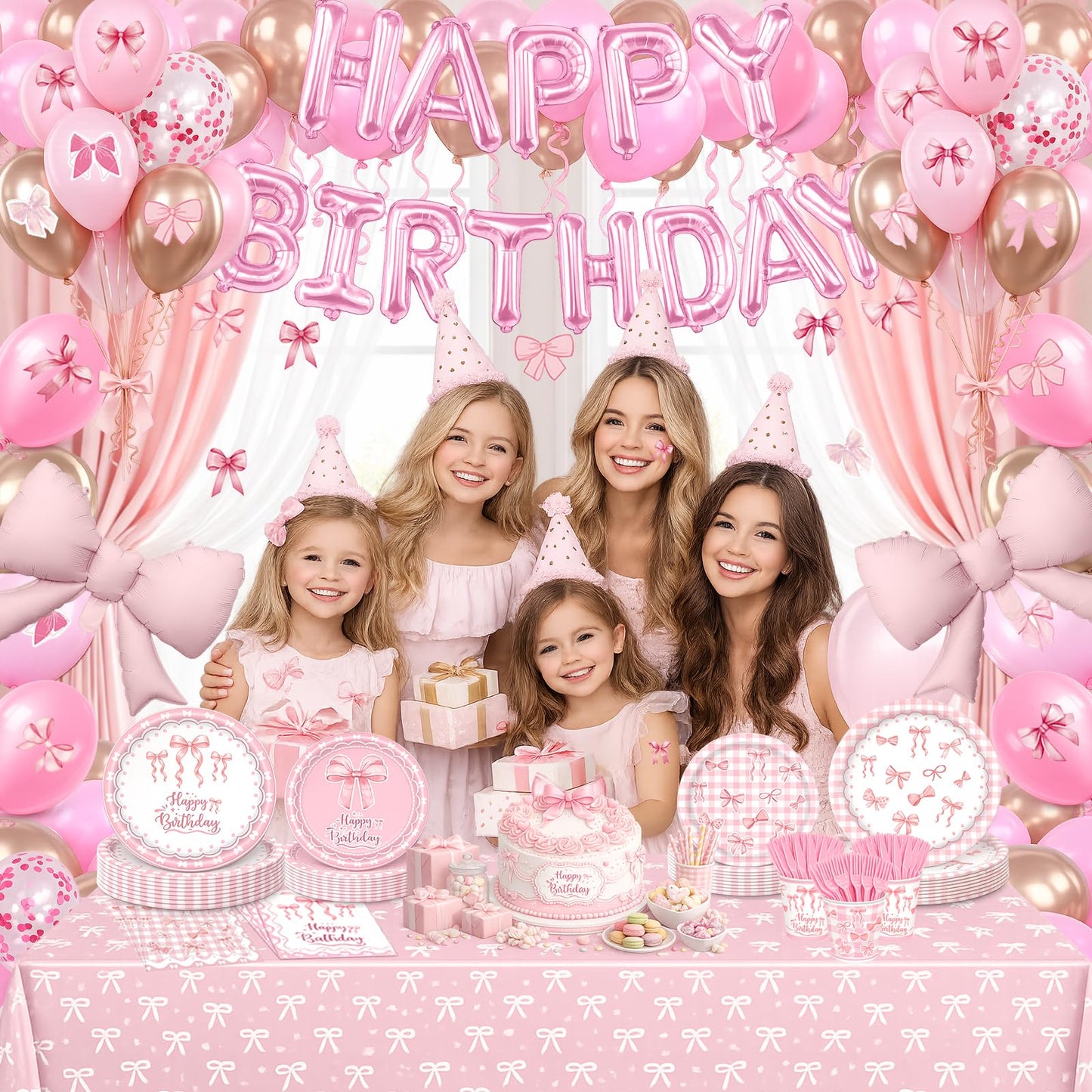 219 pcs Pink Party Decorations Set with Bow Theme, Plates, Napkins, Cups, Cutlery, Balloons, Happy Birthday Foil Banner, Bow Foil Balloons, Tablecloth, and Stickers, Serves 24