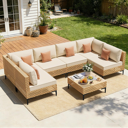 ABCASA Patio Furniture Set, 110" Large 7-Piece Wicker Outdoor Patio Furniture Sets with Coffee Table,Boho Patio Conversation Set Sectional Sofa with All-Weather Cushions for Backyard,Porch,Beige