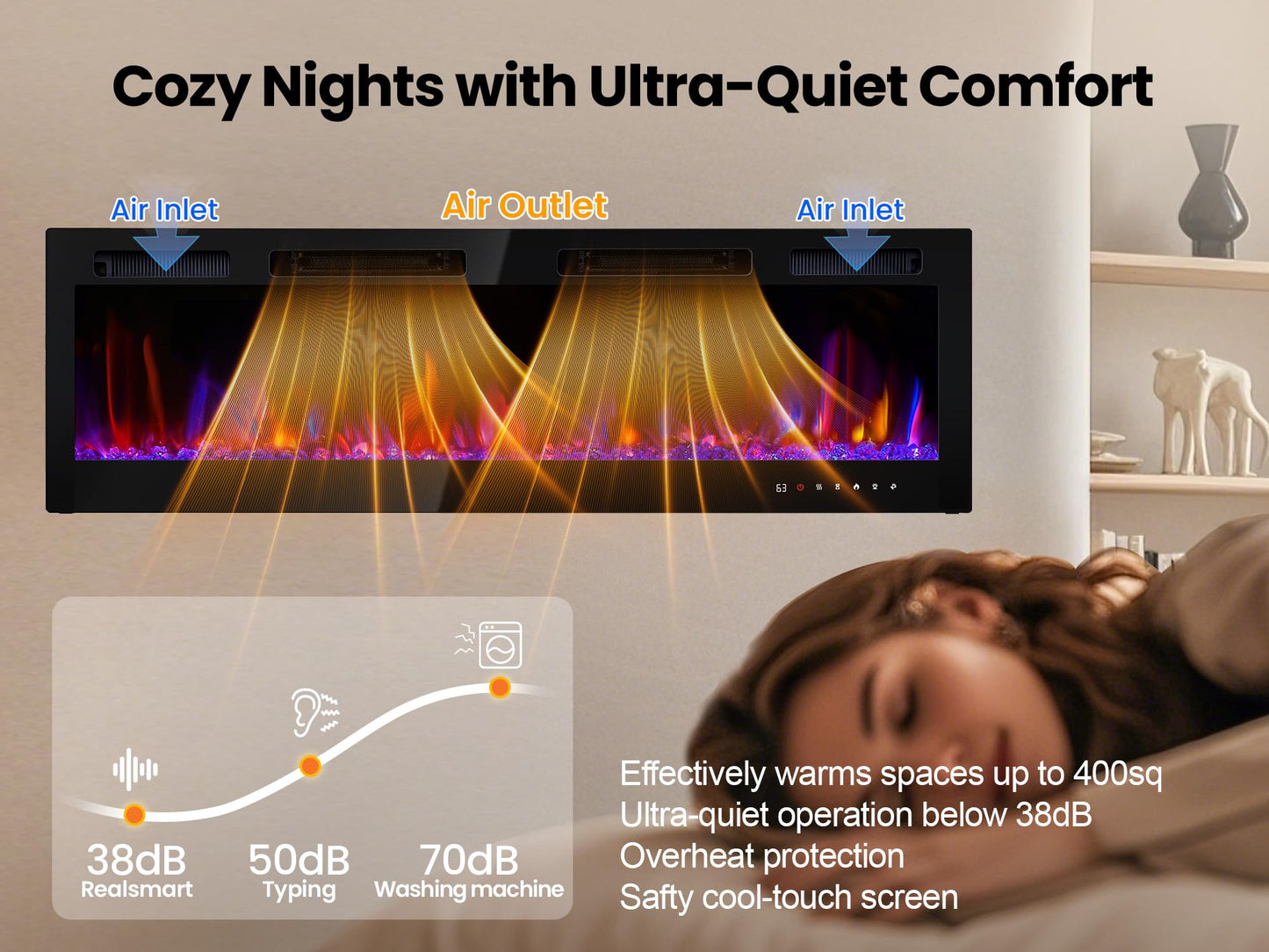 RealSmart Electric Fireplace Heater Inserts 60" Wall Mounted Electric Fireplace 750W/1500W in-Wall Recessed Heaters with Remote Control,Fit for 2 X 6 stub,12 Adjustable Color Flame & Brightness,Timer