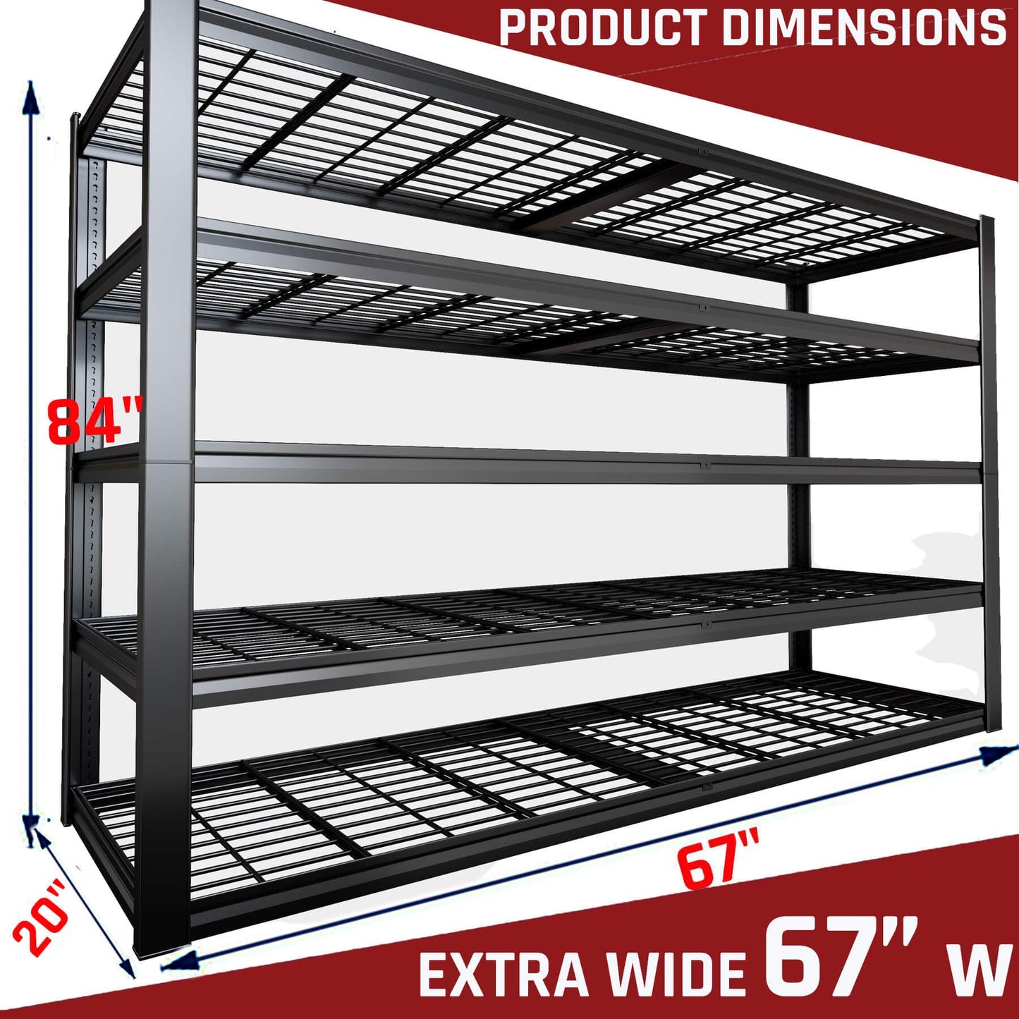 PMKES 68" W Garage Shelving Heavy Duty, 5 Tier Garage Shelves, Adjustable Storage Shelving Unit, Commercial Metal Shelf for Warehouse, Pantry, School, Shop, 68" Wx20 Dx84 H