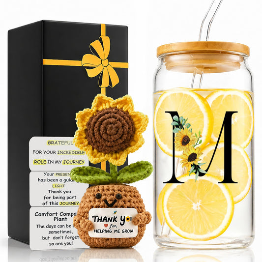 2 in 1 Personalized Glass Drinking Cup and Emotional Support Crochet Office Desk Decor Sunflower Lover Gift Paraprofessional Friend Co Appreciation Worker Easter Friendship Women Birthday Present M
