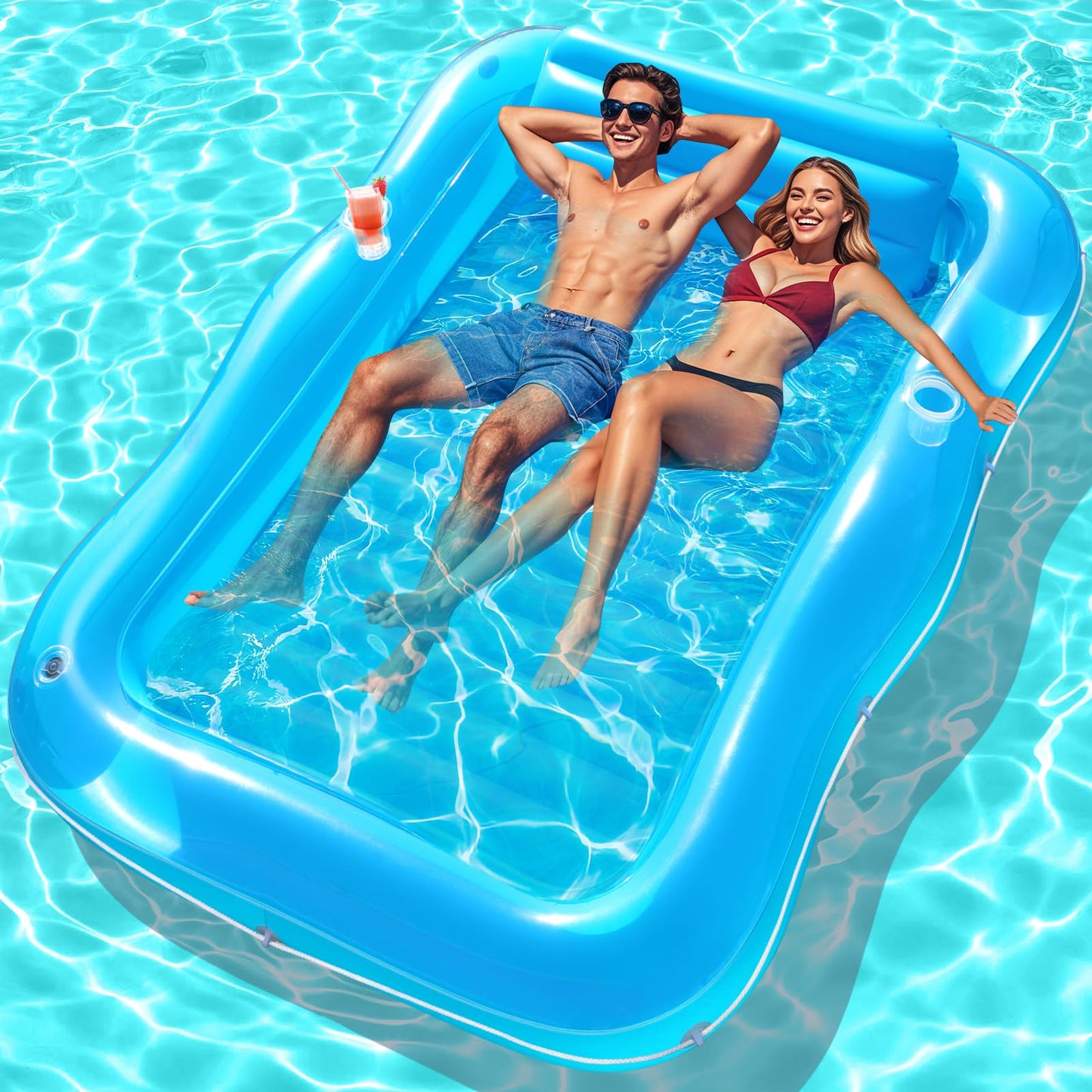 Junbig Inflatable Tanning Pool for 2 Person, 81''x 60'' Tanning Pool Lounger Float with Pillow, Thicken Sutan Tanning Bed Pool Floats Adult w/2 Cup Holders, Water Tanning Pools for Backyard Lake Party
