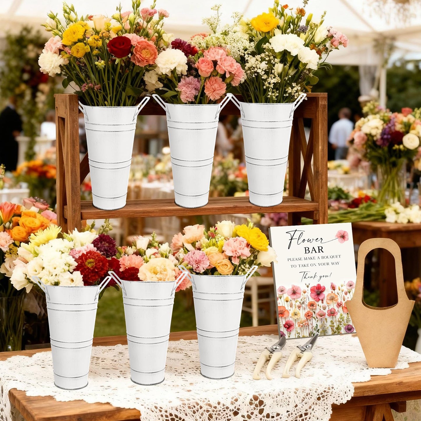 LEIFIDE Flower Bar Buckets Set Kit Bloom Bar Supplies Include Wood Sign Gift Bags Iron Bucket Garden Flower Shears for Wedding Bridal Shower Graduation Birthday Table Centerpieces(39 Pcs,White)