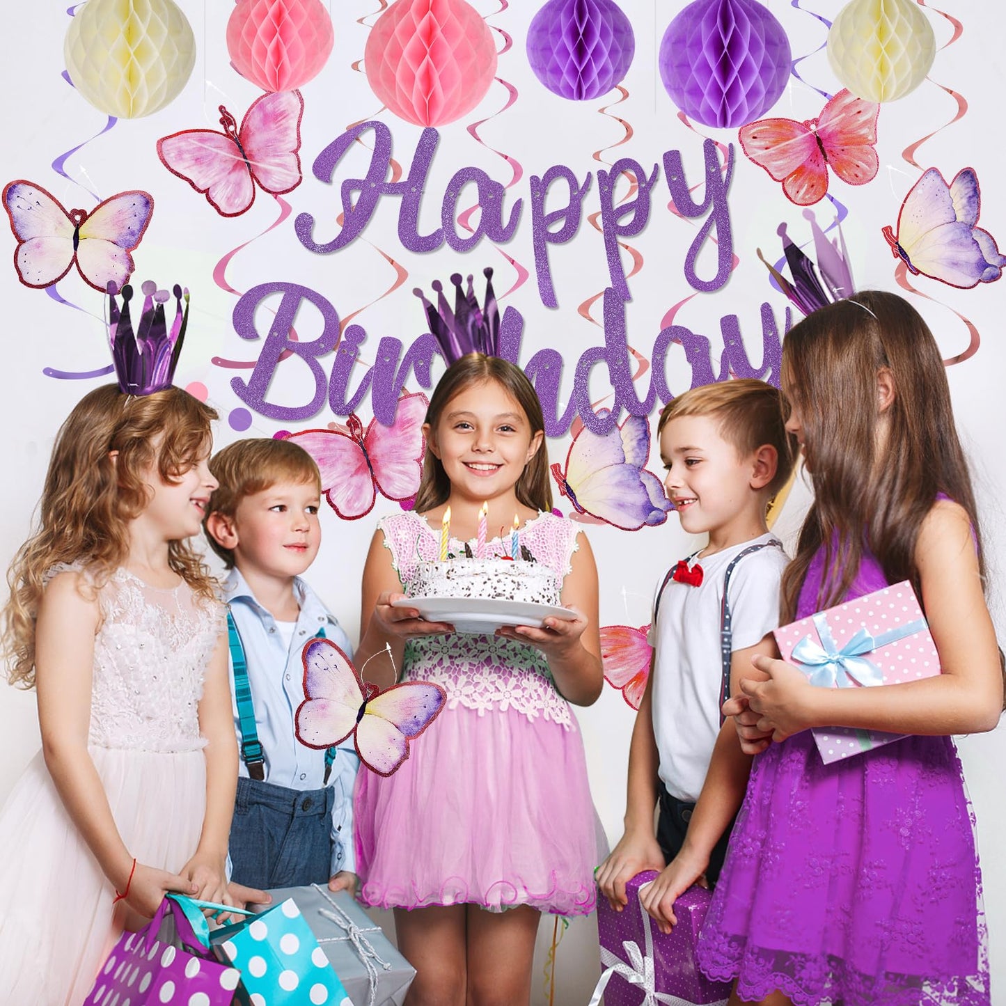YEOCU Birthday Decorations, NO DIY, Pre-Strung Happy Birthday Banner with Honeycomb Balls, Hanging Swirls, Circle Dots Garland, Happy Birthday Party Decorations for Women Men Boys Girls (Purple)