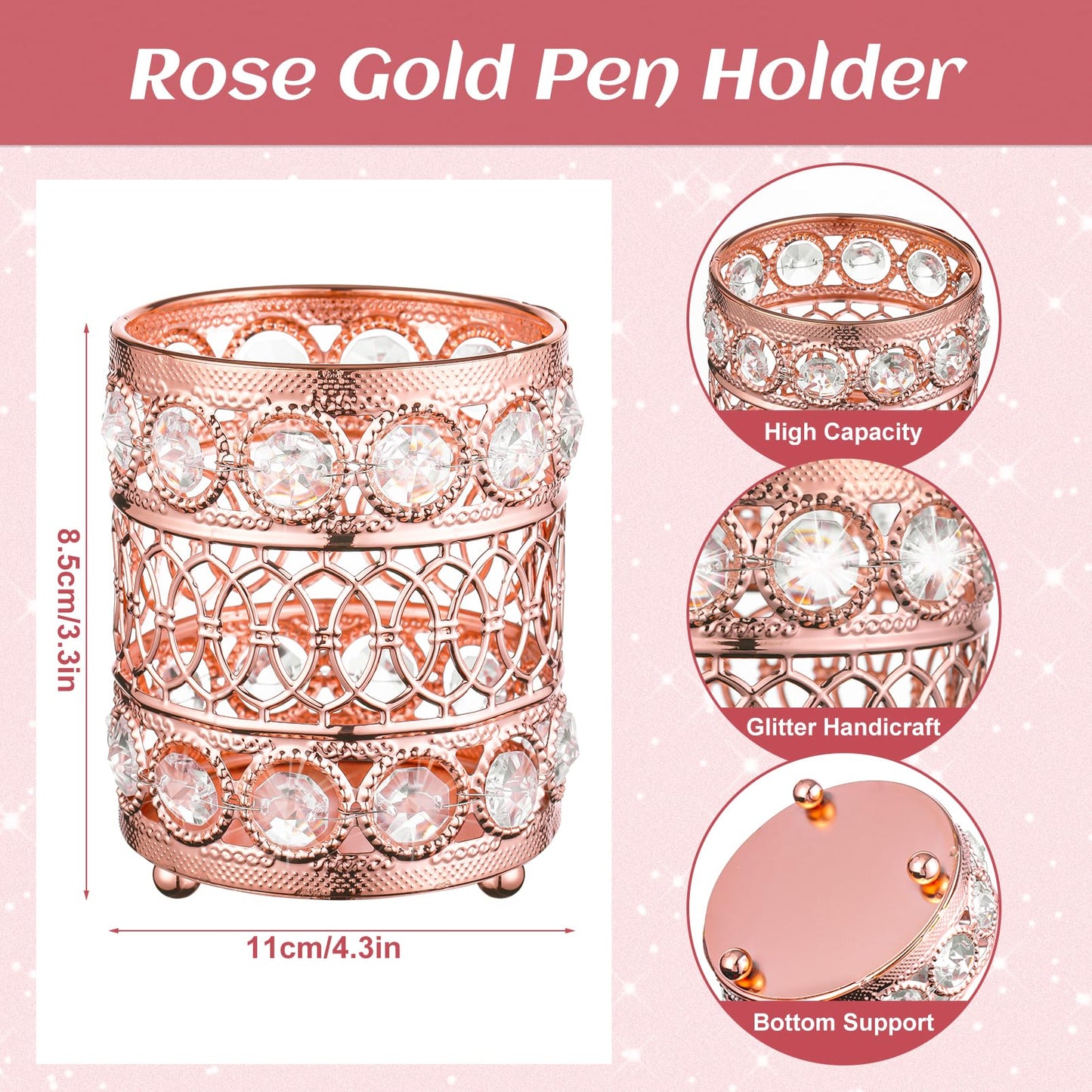 8 Pcs Rose Gold Ballpoint Pens Set, Handmade Crystal Pen Holder for Desk Black Ink Fancy Pens Liquid Sand Glitter Pens Bling Diamond Pens Gifts for Women Girls School Wedding Office Desk Supplies