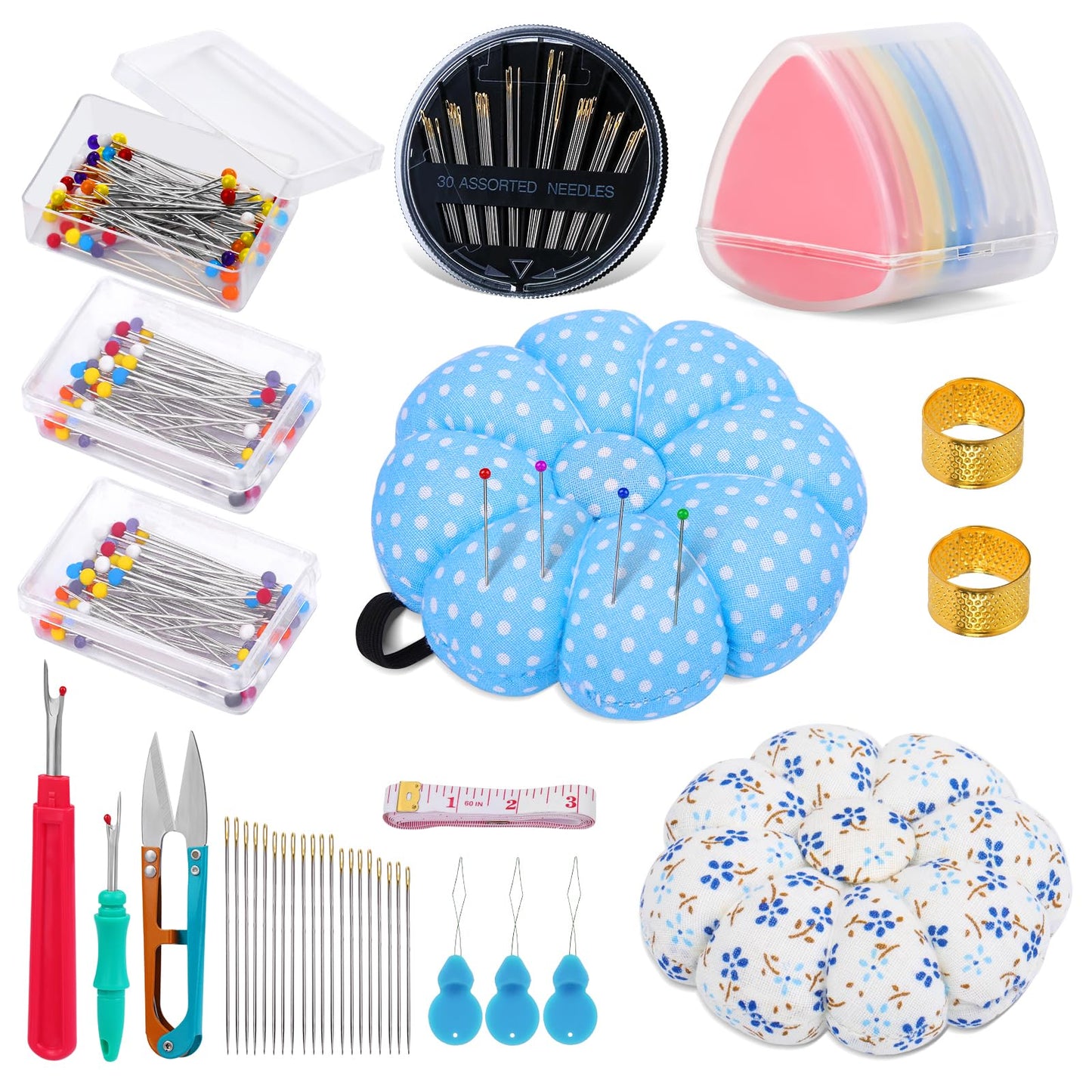 Sewing Pin Cushion Kit, Wrist Pin Cushions for Sewing, Needle Cushion with 150Pcs Sewing Pins, 50Pcs Sewing Needles, Seam Rippers, Scissors, and Tape Measure