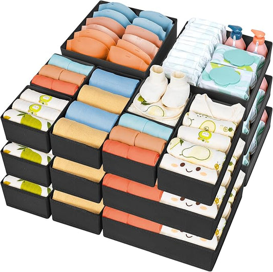DIMJ Drawer Organizer 15 Pack - Foldable Baby Organizers and Storage & Dresser Organizer for Nursery, Bedroom, Closet - Nursery Organization Dresser Dividers for underwear, Sock,Bra, Belt, Tieï¼Black