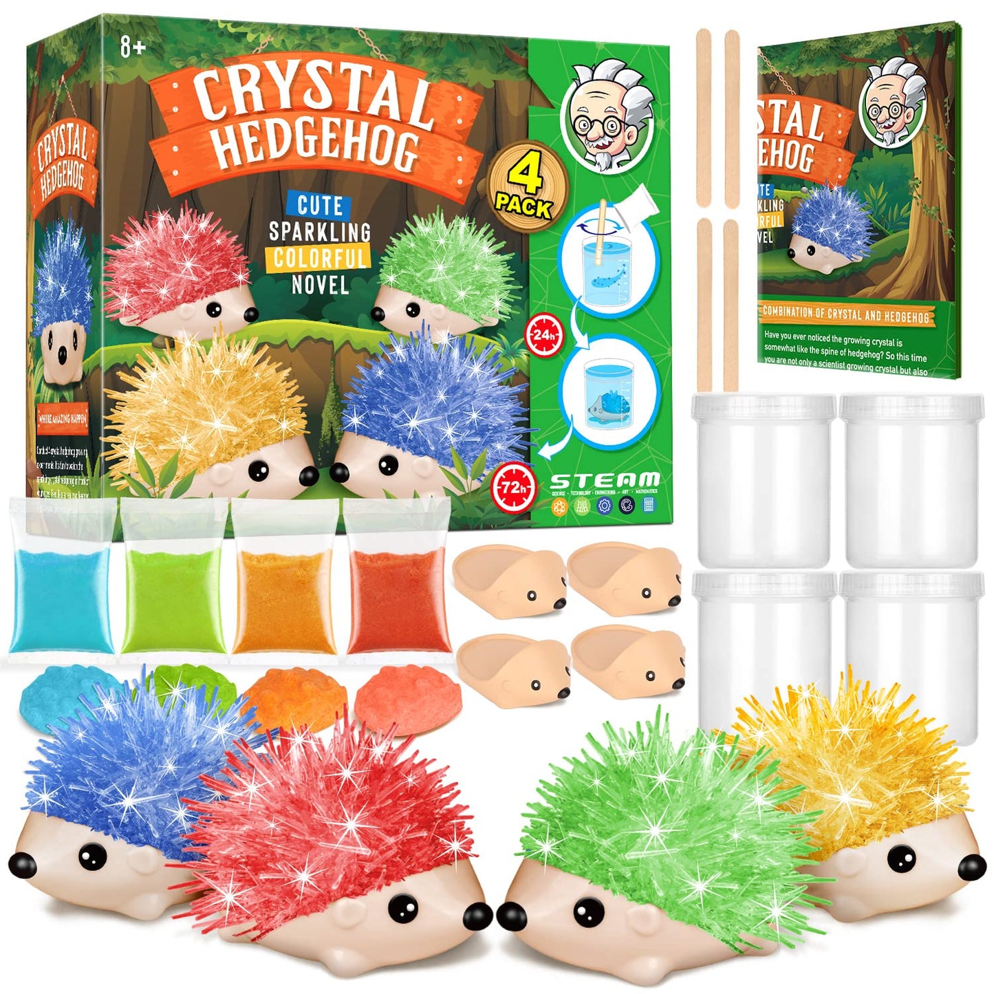 Crystal Growing Kit for Kids - 4 Vibrant Hedgehogs Fast Growing in 24H - STEM Science Kits for Kids Age 6-8 & 8-12, Educational DIY Learning Toys, Birthday Gifts for Boys & Girls Age 7, 8, 9, 10+