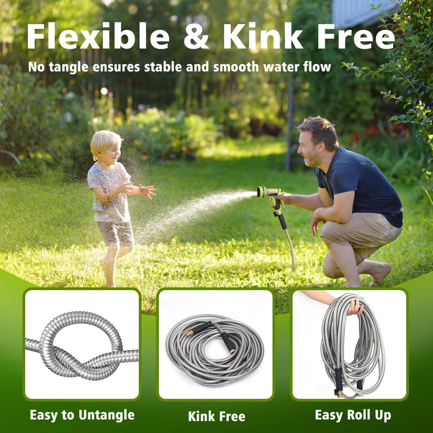 Svansea Metal Garden Hose 75ft Stainless Steel Hose Heavy Duty Flexible Water Hose with 10 Way Spray Nozzle 3/4 Solid Brass Fittings-Outdoor Yard Lightweight No Kink Leak Resistant Water Pipe