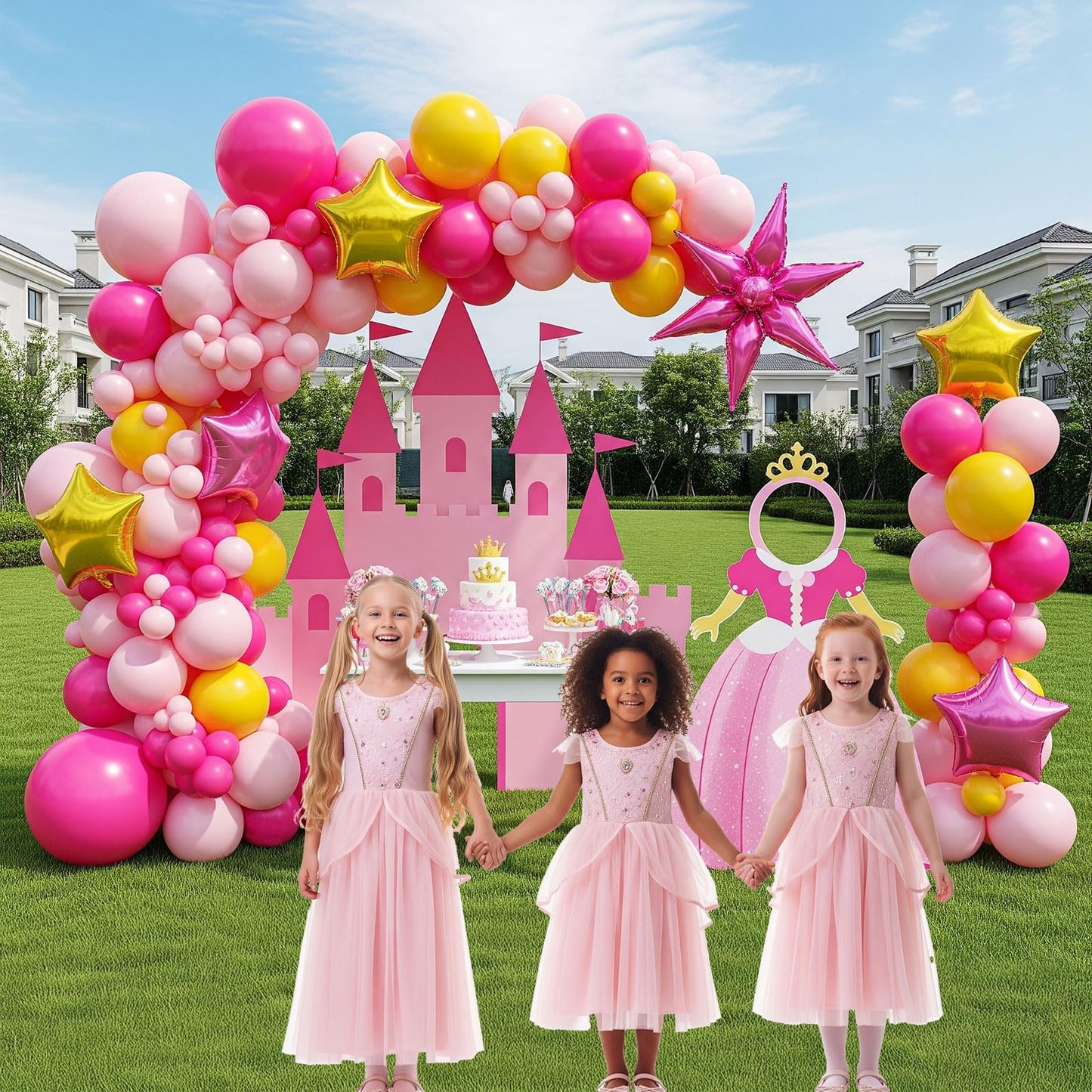 Hot Pink Yellow Balloon Arch Kit 160pcs with Large Pink Gold Star Five-Point Star Foil Balloons for super bro Princess Birthday baby shower peach Bridal shower Party Decorations