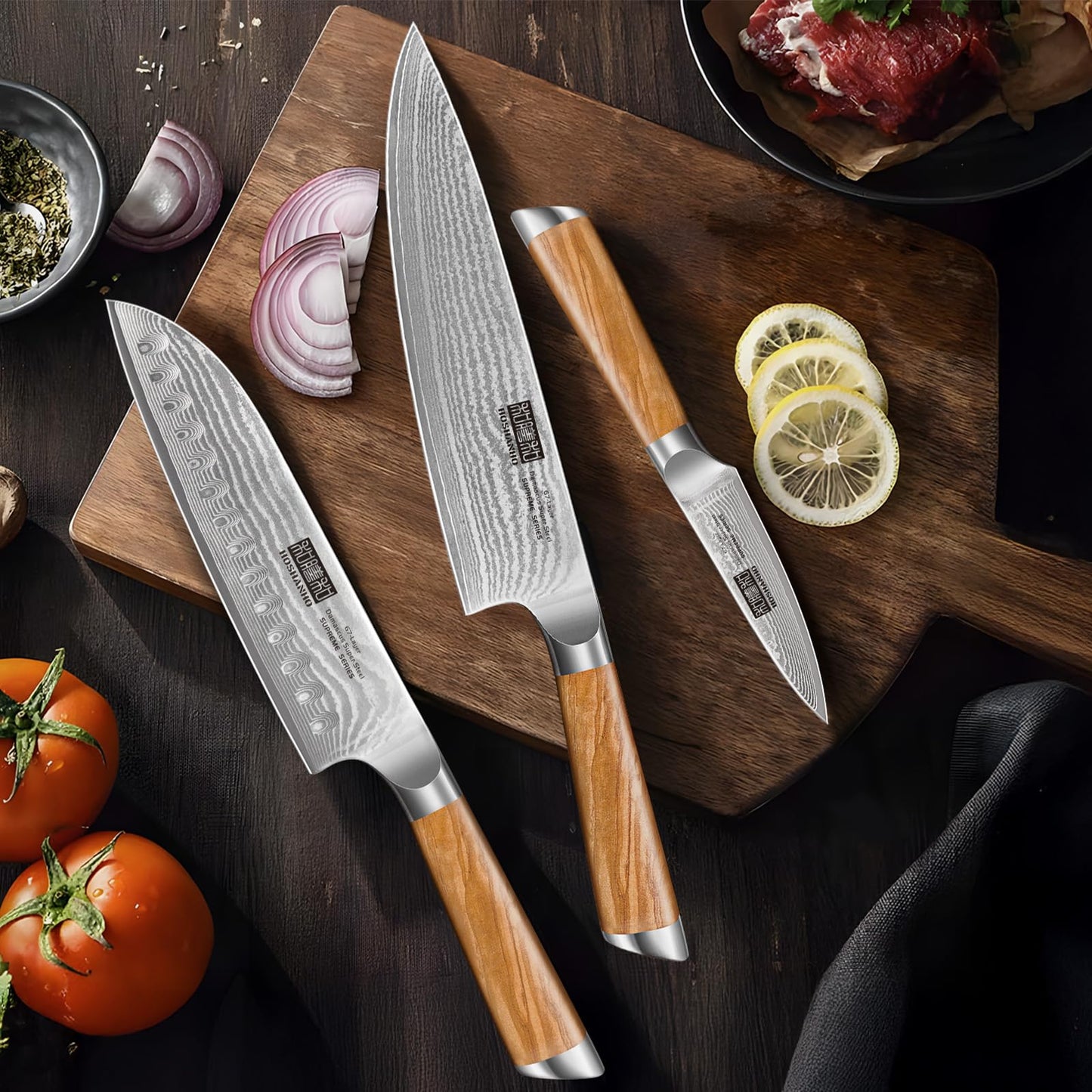 HOSHANHO Damascus Kitchen Knife Set 3-Piece, Ultra Sharp 8" Chef Knife, 7" Santoku Knife, 3.75" Paring Knife, Professional 10Cr15CoMoV Damascus Super Steel Chef Knife Set with Ergonomic Handle