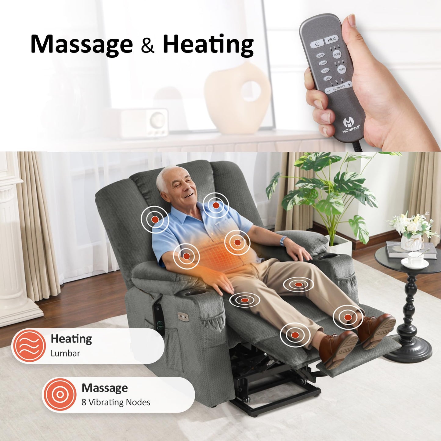MCombo Oversized Power Lift Recliner Chair Sofa with Massage and Heat for Elderly People Petite, USB Ports, Side Pockets, Fabric R7561 (Grey, Small-Oversize)