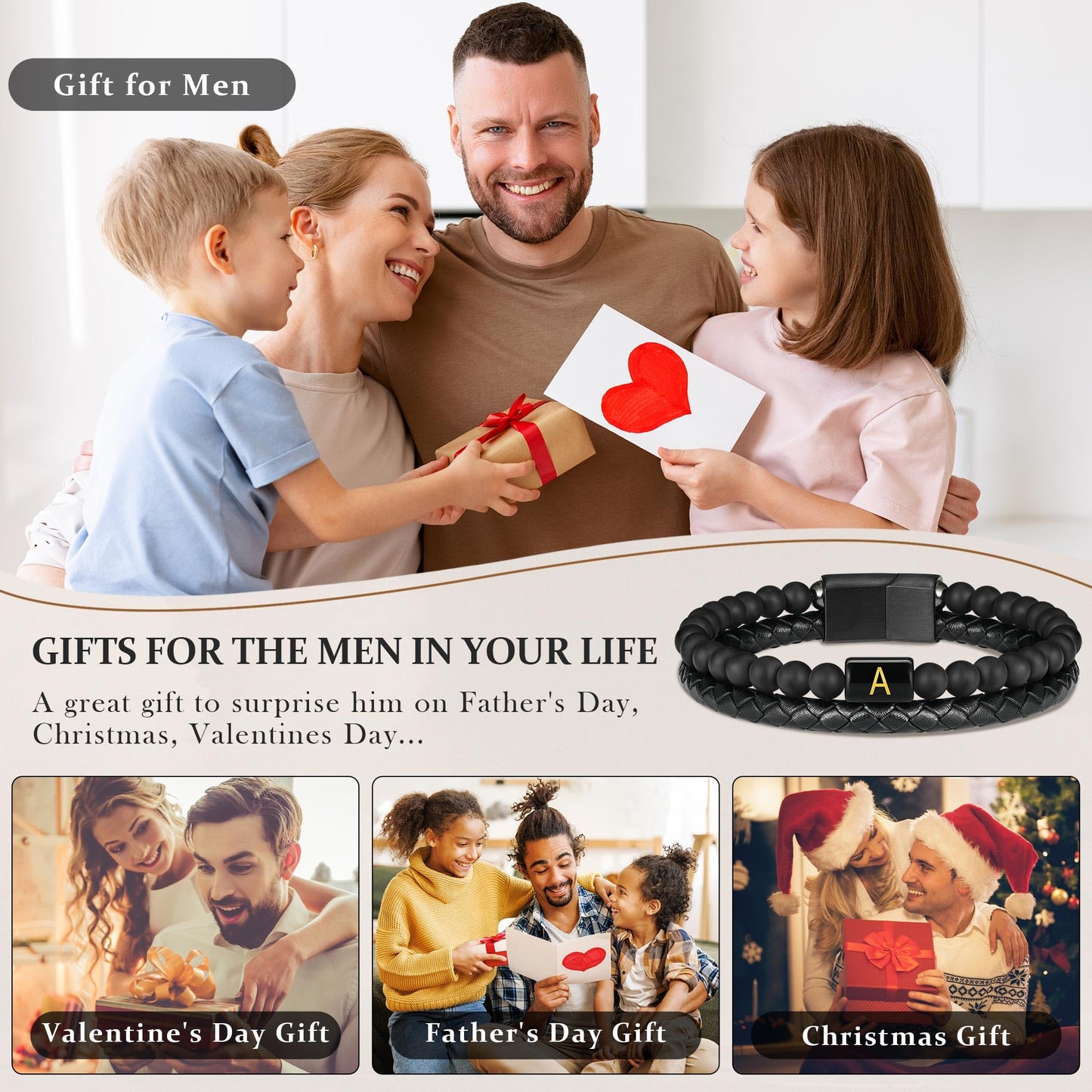 Leather Bracelets for Men with Initial - Men Gifts Matte Agate Bead Magnetic Clasp Gift for Dad Black Mens Leather Bracelets Men's Initial F Bracelet for Men's Jewelry Mens Gifts for Dad Husband