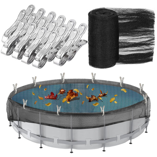 24 Feet Round Leaf Net Cover for Above Ground Pool, Winter Cover Mesh Cover with 16 Pcs Large Metal Clips，Pool Safety Net Fits 24FT Above Ground Pools, Keeps Leaves Out of Your Pool （Black）