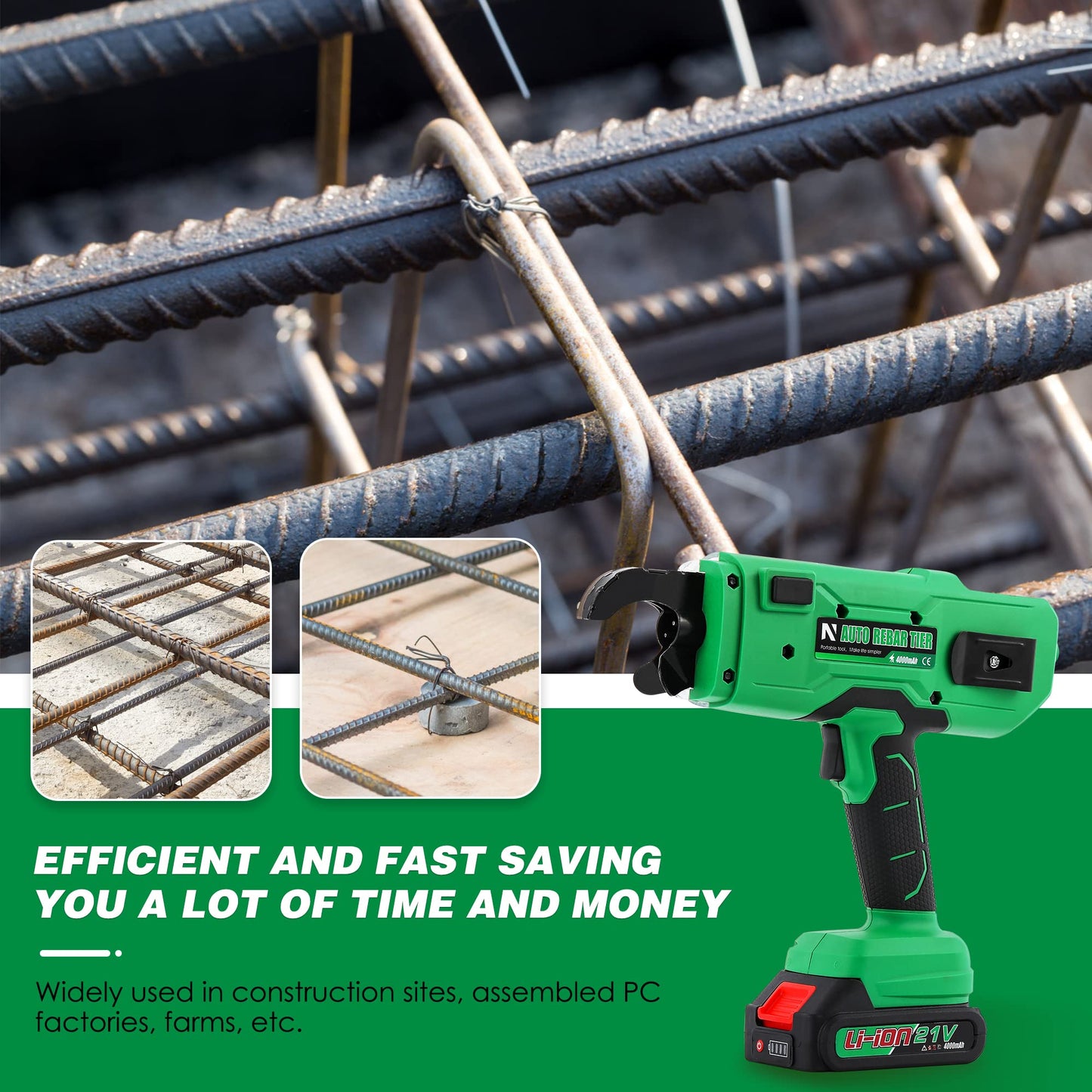 NEWTRY Cordless Rebar Tie Automatic Rebar Tying Gun Portable Steel Tie Tool with 2pcs 2000mAh Rechargeable Batteries for φ0.3"-1.33" Rebar