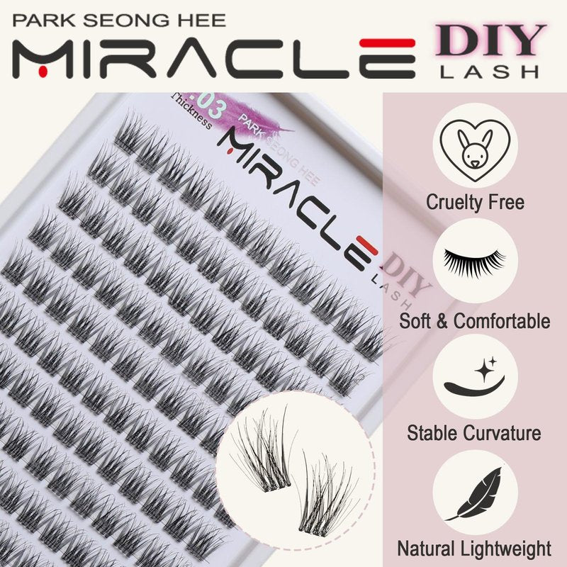PARK SEONG HEE MIRACLE LASH DIY False Eyelashes, Lash Clusters, Lengthening Wisps 9mm-16mm Contact Lens Friendly, Easy to Apply, Reusable Strip Lashes (E5-280, 14mm) Thickness 0.03mm Lash Clusters