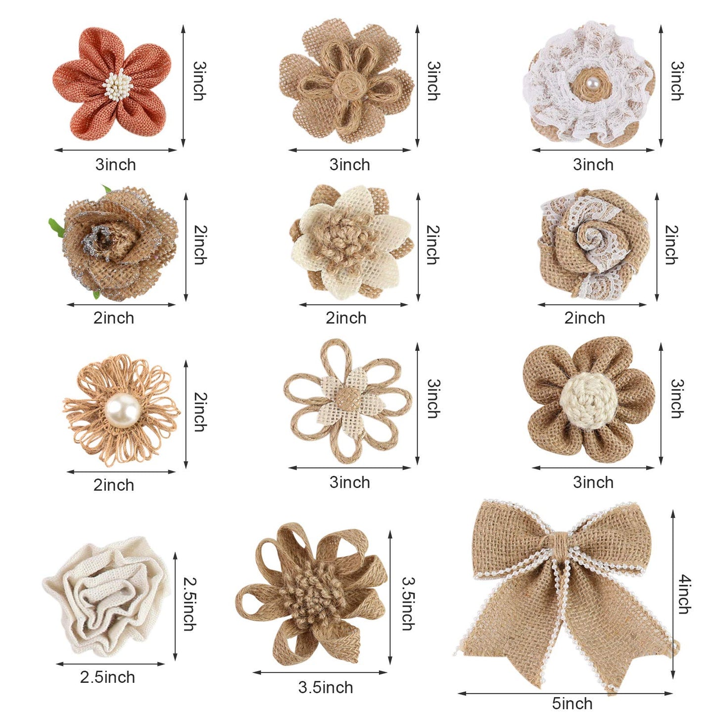 VGOODALL 16 PCS Natural Burlap Flowers Set, Including 12 PCS Handmade Lace Burlap Flowers and Bowknots, 4 Rolls Burlap Ribbon for Christmas Birthday Party Wedding Home Embellishment DIY Crafts