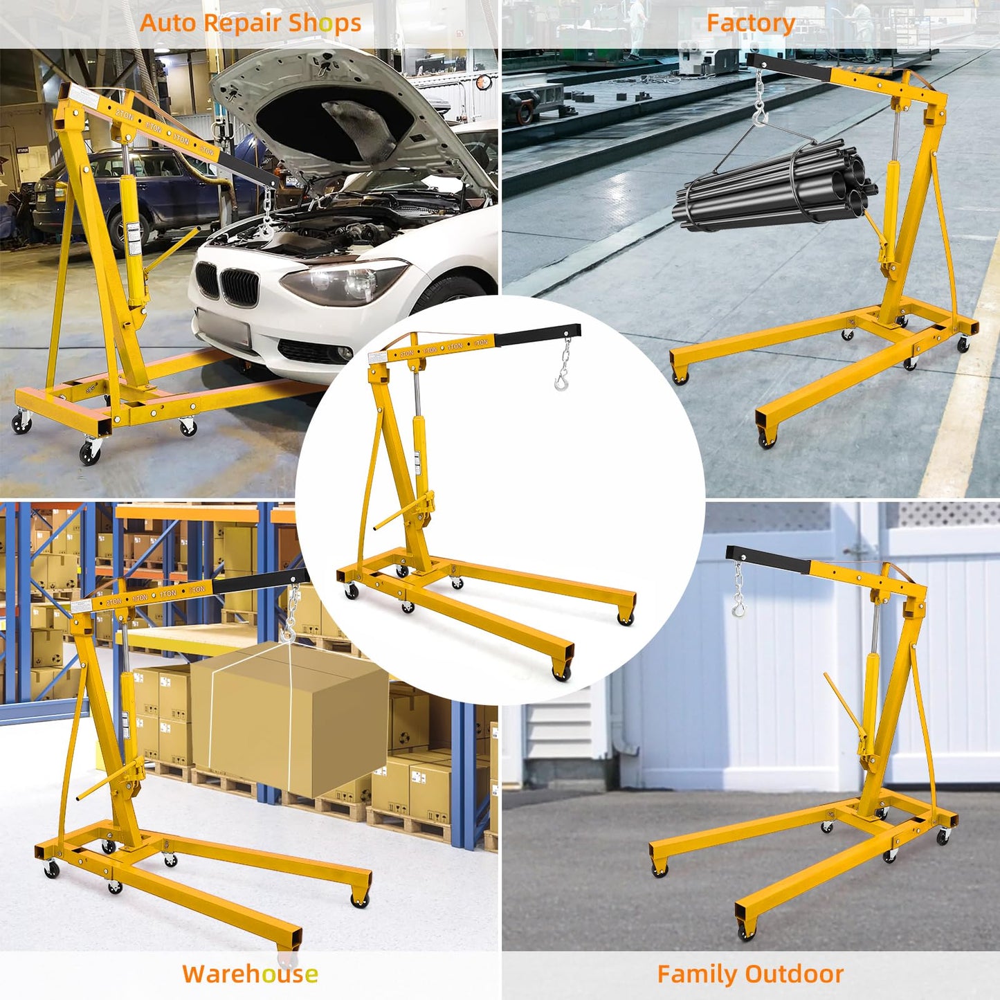2 T Engine Hoist, 4000 LBS Heavy Duty Folding Cherry Picker Engine Lift Hydraulic Tilting Engine Shop Crane with 6 Iron Caster Wheels Telescopic Boom Hitch,Yellow