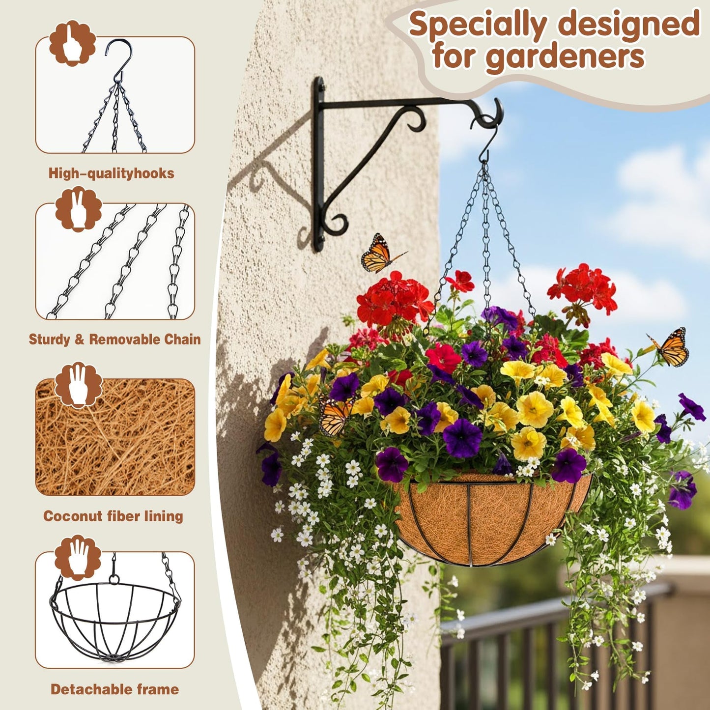 8 inch Metal Hanging Baskets For Plants Outdoor 4 Pack Round Metal Wire Hanging Basket Planter with Coco Fiber Liners Chain Round Wire Plant Holder for Garden, Patio, Deck, Porch Plants Flower Potss