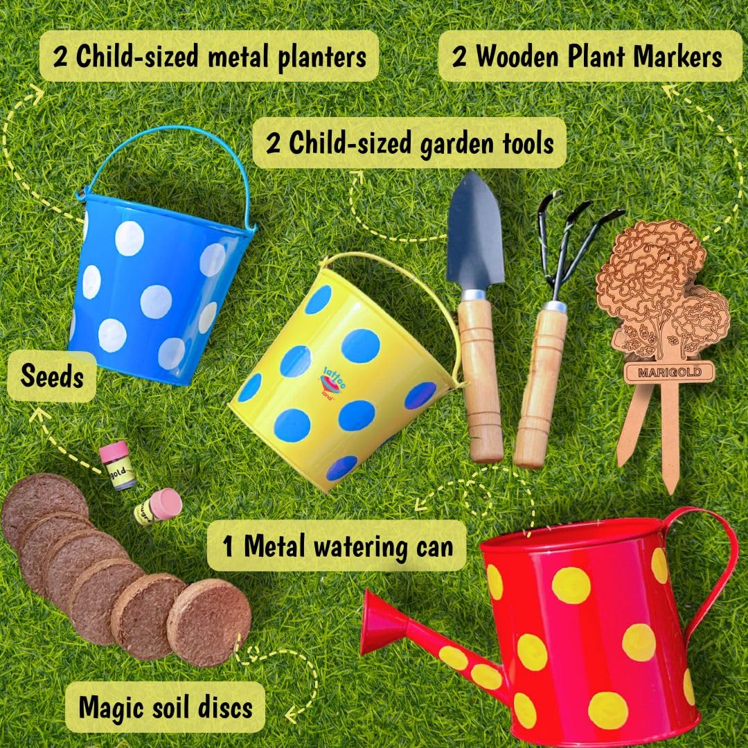 Lattooland Little Gardener's Kit | Complete Gardening Kit for Children 3-8 Year Old| Gardening Tools, Metal planters, Metal Watering can, Soil, Seeds, | Flower Grow Set | Birthday Gift Multicolor