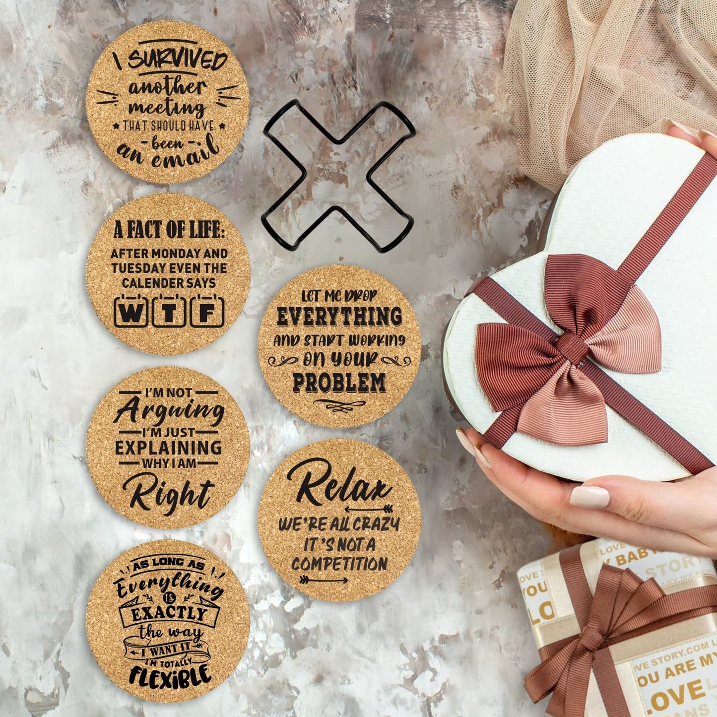 Office Gifts for Coworkers, Novelty Gifts for New Colleagues Employees Boss, Funny Office Desk Coasters, 6 Pcs Drink Coasters with Metal Holder, Birthday Housewarming Gifts for Men Women