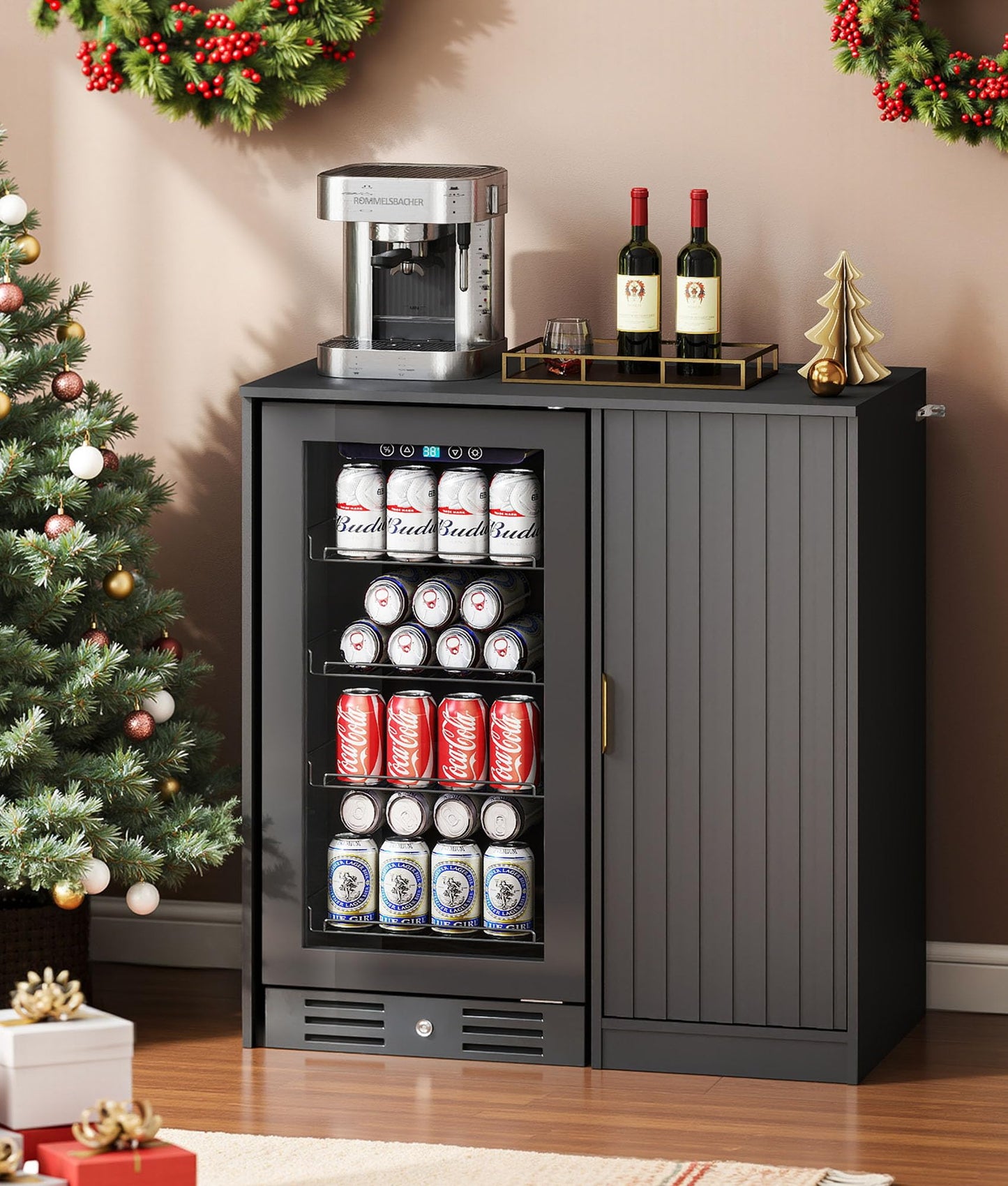 Lamtor Coffee Bar with Mini Fridge Space - Snack Bar Cabinet with Power Outlet, Fluted Mini Fridge Cabinet with Adjustable Shelf for Kitchen Dining Room Living Room, Black