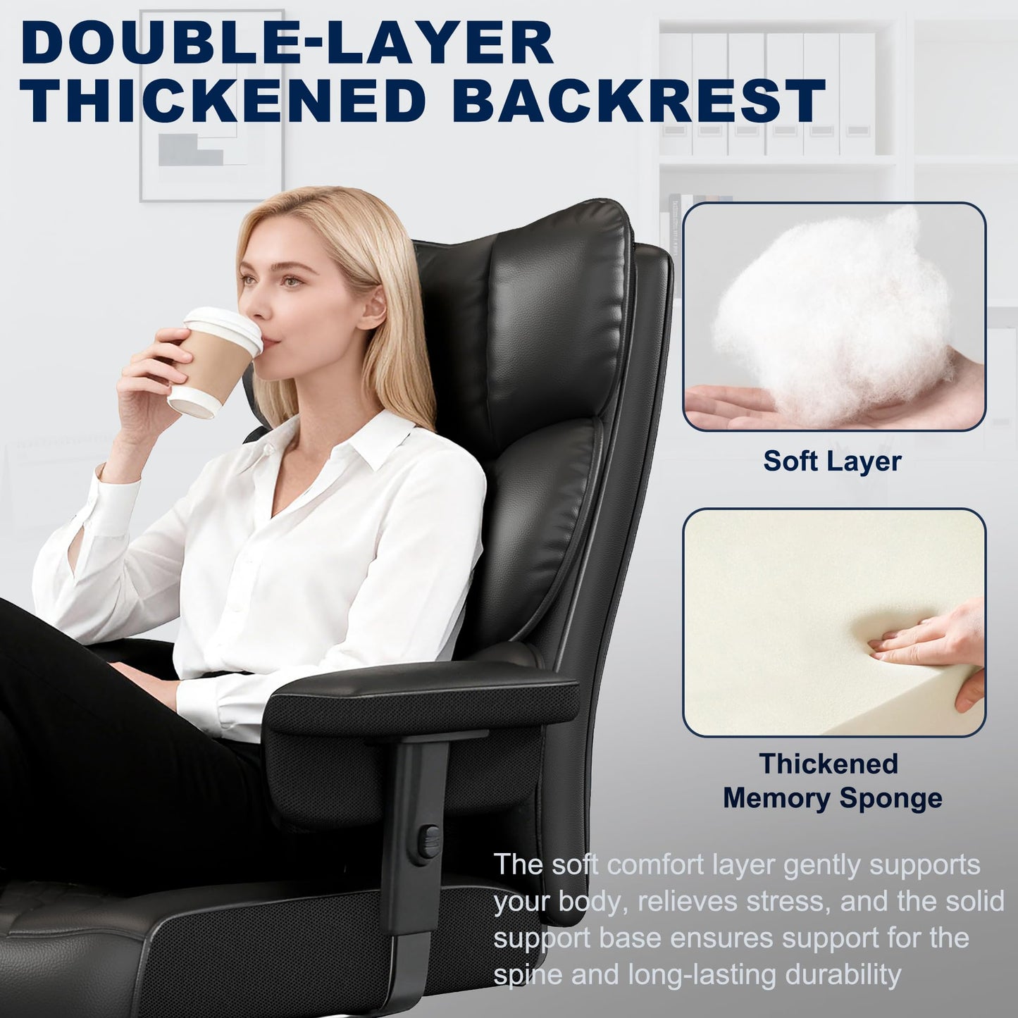 Misolant Big and Tall Office Chair with Footrest, High Back Executive Desk Chair with Adjustable Lift Armrest, 155°Recline，Lumbar Support Pillow, Faux Leather Gaming Chairs for Home or Office Black