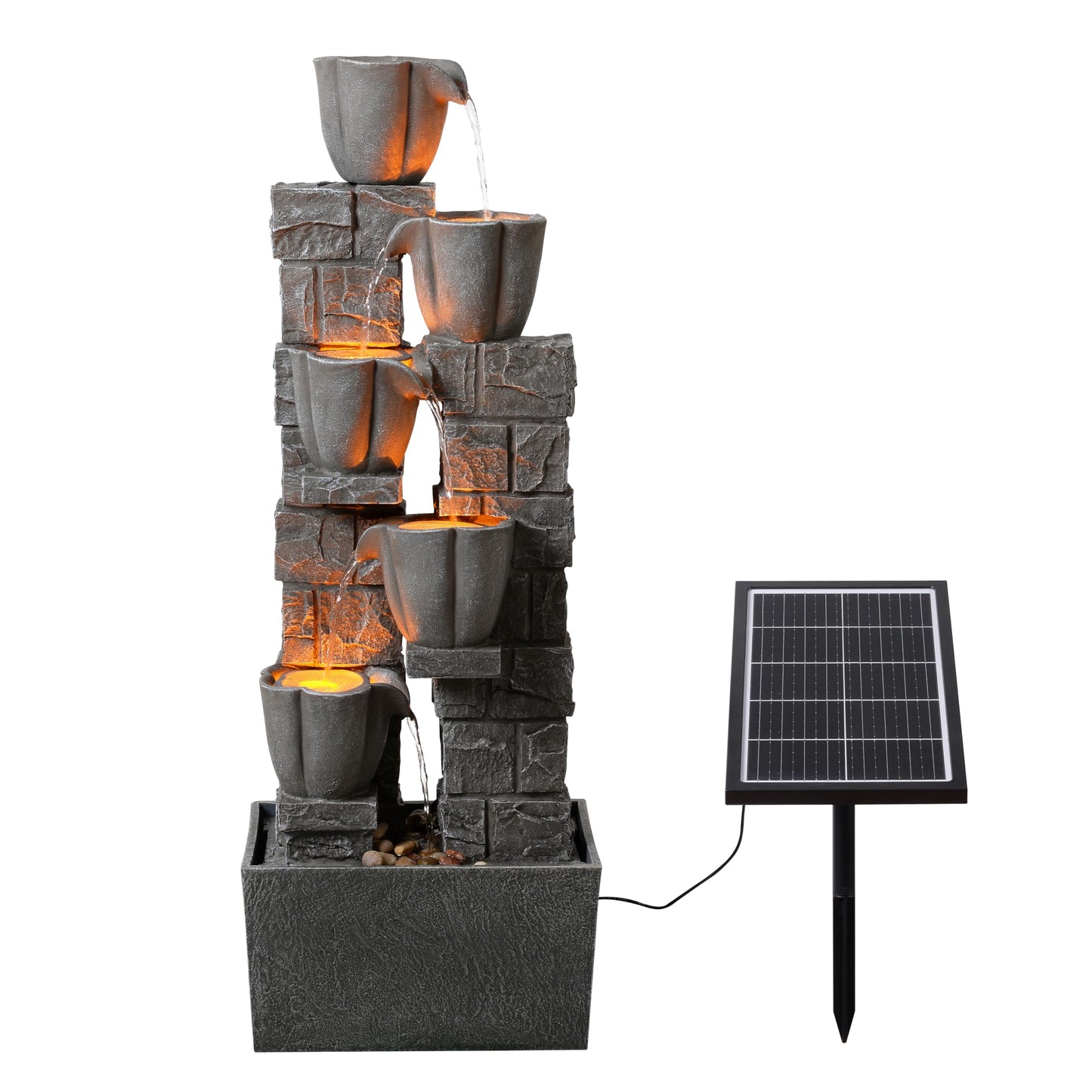 Warm Garden Solar Powered Water Fountain-36.2in.Tall Floor-Standing Outdoor Fountains with Tulip Design - Natural 4 Tiers Waterfall Water Feature for Outside Garden,Backyard,Lawn Decor,Grey