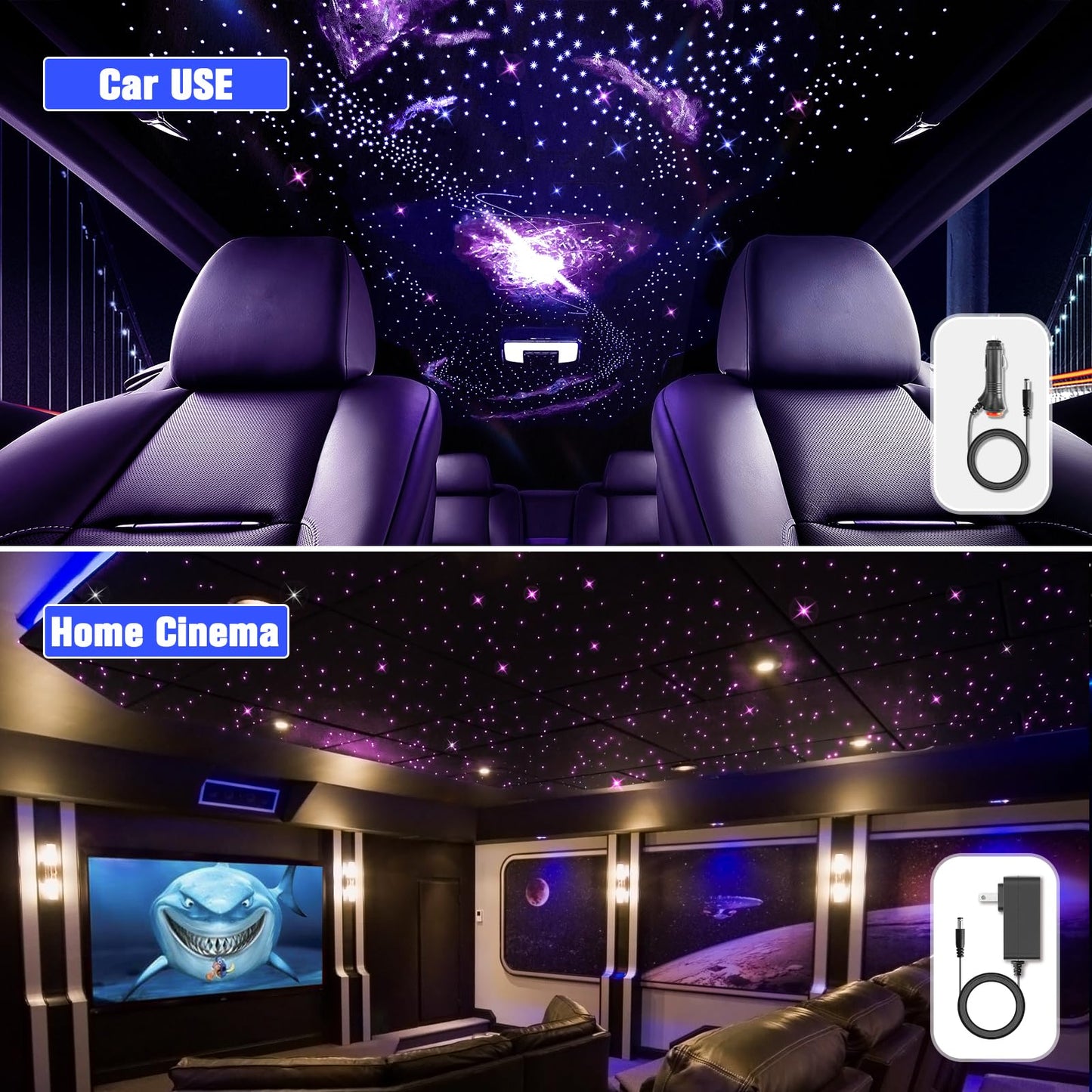 SUNKENET 32W Twinkle Starlight Headliner Kit, 800pcs*0.03in*13.1ft LED Fiber Optic Lights Kit, Star Ceiling Light+10 Crystals+Adapter+Cigarette Lighter for Car Roof/Home with APP/Remote/Music Mode