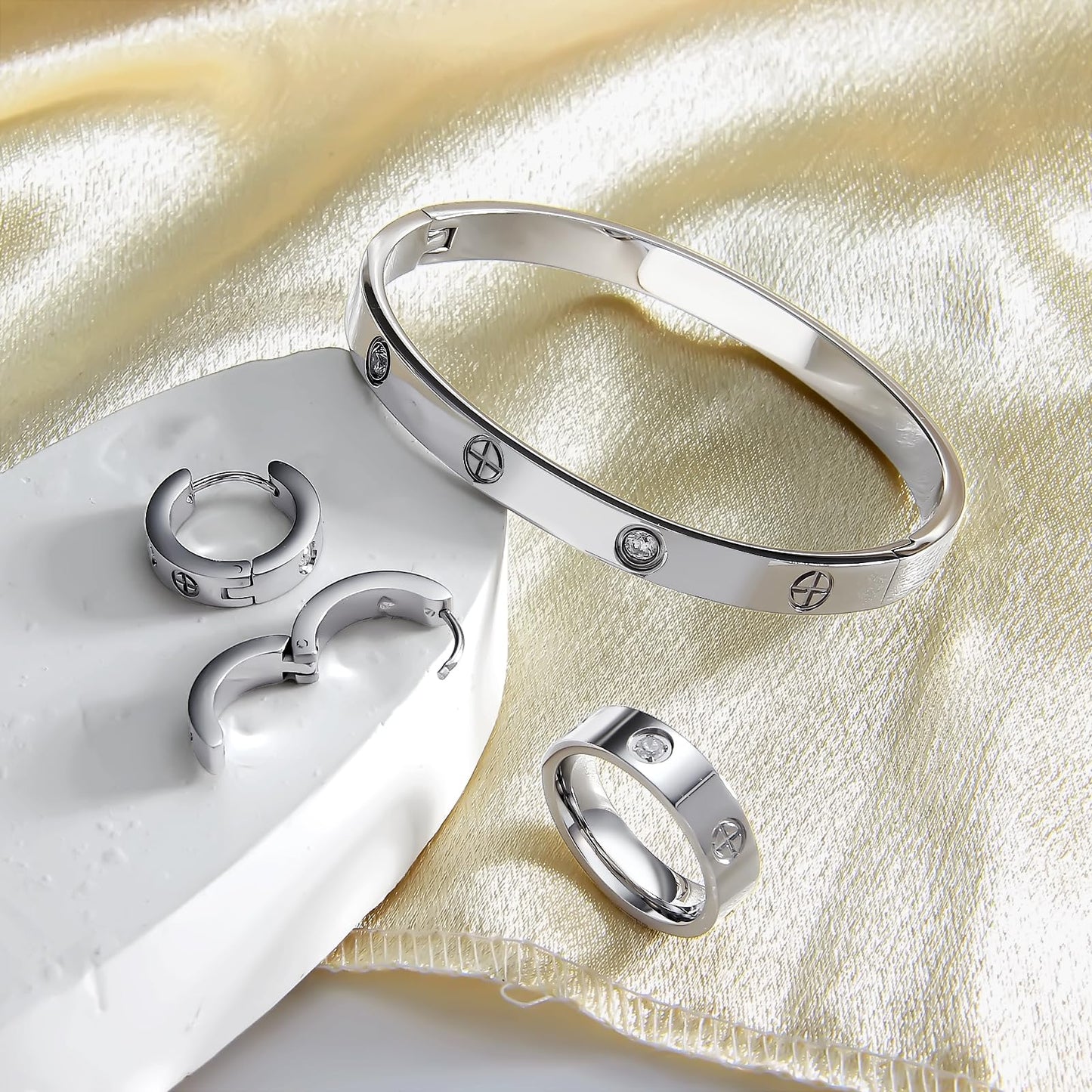 3 Pcs Hoop Earrings Bracelets Ring Sets for Women-18K Gold Plated Love Bracelet Cubic Zirconia Cuff Bangle Hoop Earrings Friendship Love Ring Jewelry Set,Wedding Party Christmas Valentine's Day Birthday Gifts for Her Girlfriend Sister Daughter