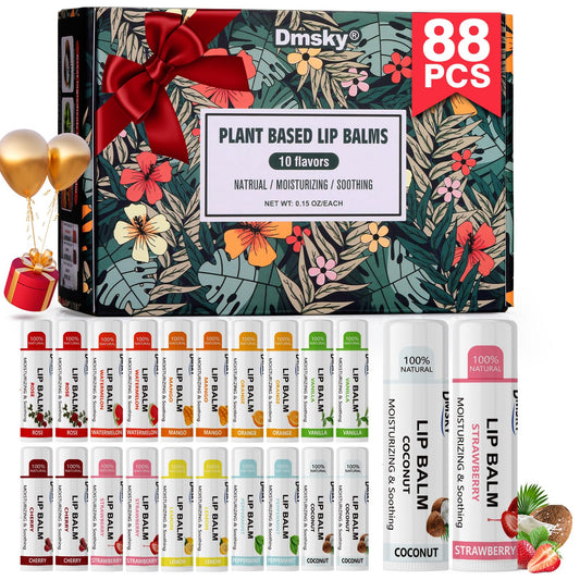 88 Pack Lip Balm Bulk, Fruit Lip Balm Variety Pack, Natural Moisturizing Balms for Dry Cracked Lips, Hydrating for Men Women Kids - 10 Flavors
