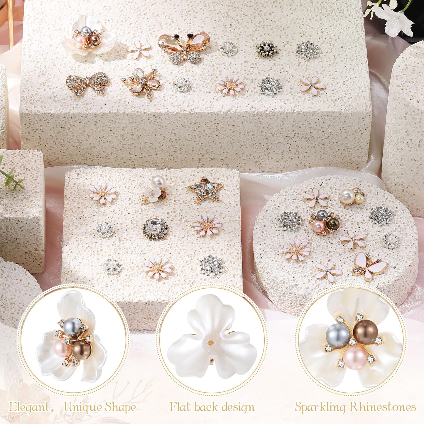 Liliaafar 60 Pcs Rhinestone Buttons Faux Pearl Embellishments Flat Back Flower Rhinestone Butterfly Buttons for Clothing Jewelry Making DIY Decoration Sewing Crafts Bag Shoes Women Wedding Bridal