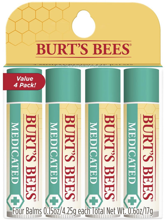 Burt's Bees Medicated Lip Balm, With Eucalyptus Oil and Menthol, Tint-Free, Natural Origin Lip Care, 4 Tubes, 0.15 oz.
