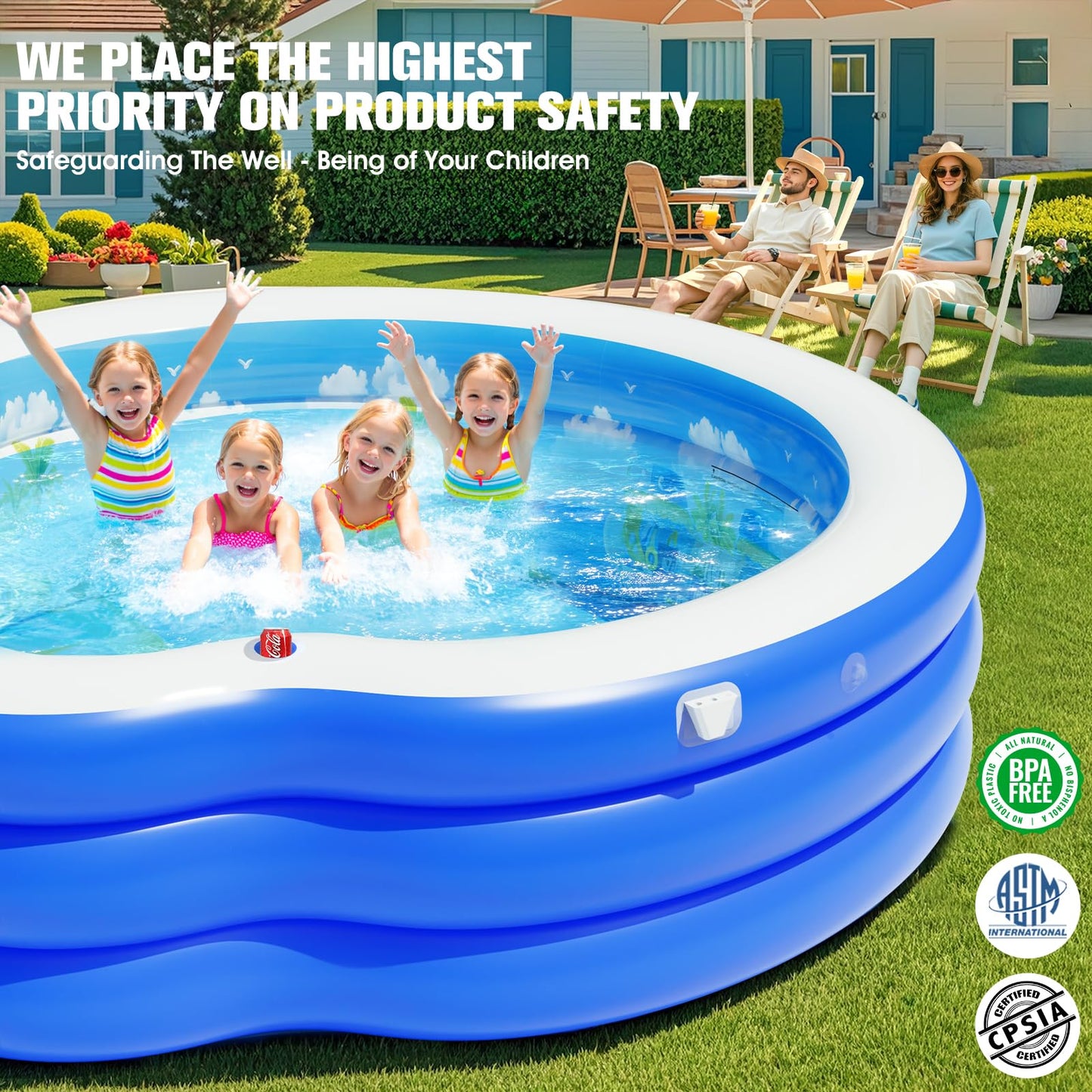 Lanblu 2026 Extra Large Upgraded Inflatable Pool with Canopy,Inflatable Family Lounge Pool,Round Blow Up Pool for Adult with Bench&Backrest,Swim Center Easy Backyard Pools for Kids & Adults90*90"*80"