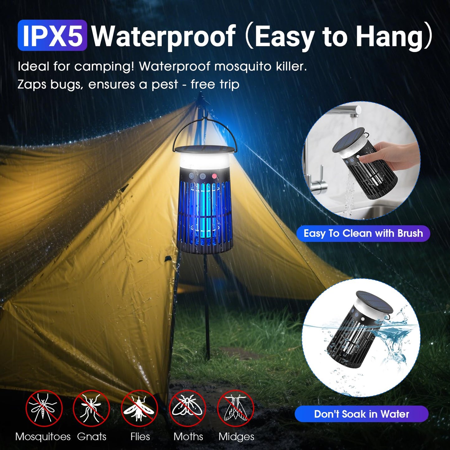 2 Pack Solar Bug Zapper Outdoor, Portable Electric Mosquito Killer Waterproof, Rechargeable Insect Trap with LED Night Light and Flame Effect, Ideal for Outside Patio, Backyard, and Camping