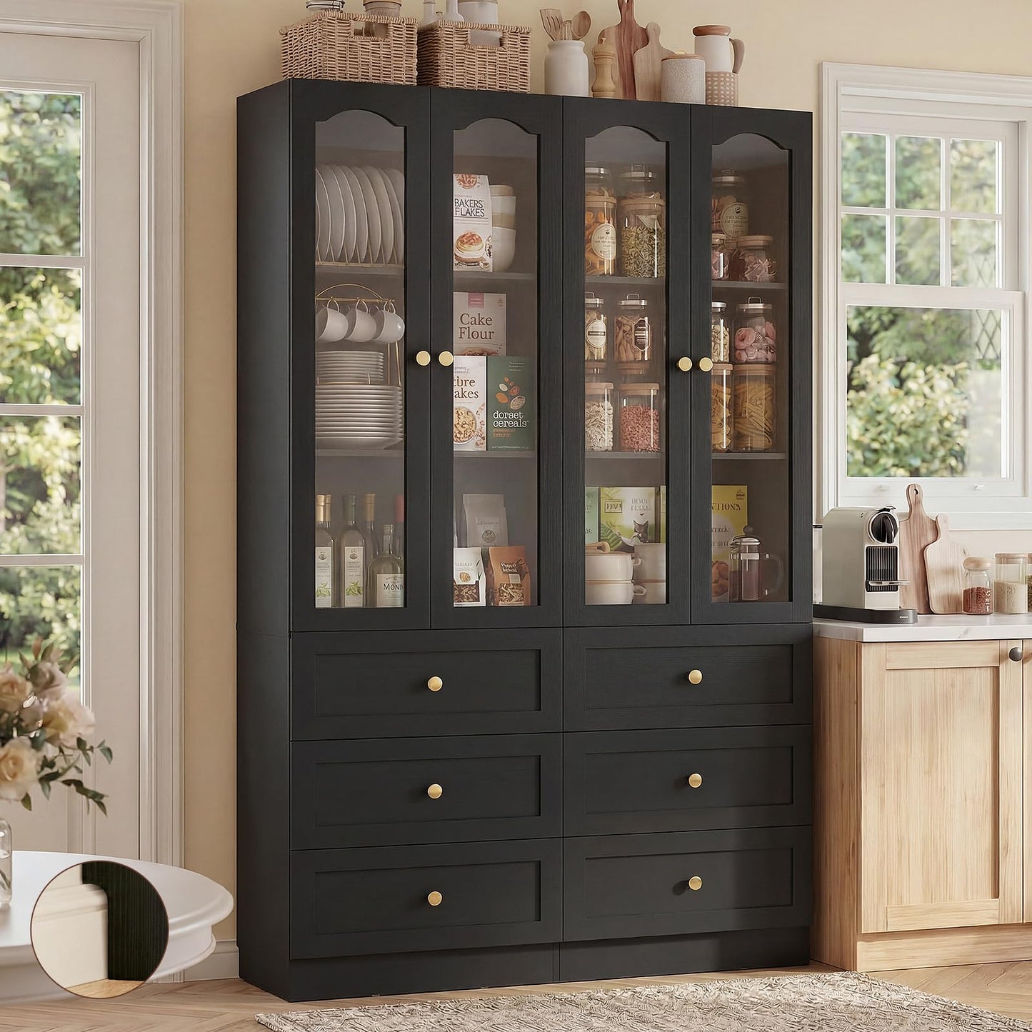 Cyclysio 80" Tall Pantry Cabinet for Kitchen Storage, 2 Set Black Pantry Cabinet with Glass Doors & 3 Drawers - Freestanding Storage Bookcase with Built-in Baseboard Notch for Dining, Living Room