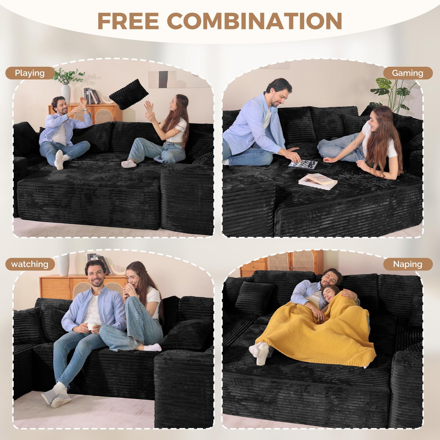 Luxanimarion 136'' Large Sectional Cloud Couches with Chaise, U Shaped Boneless Sofa Bed with Ottoman, No Assembly Required Deep Seat Modular Lounge for Living Room 4PCS Set, Bedroom(Black)