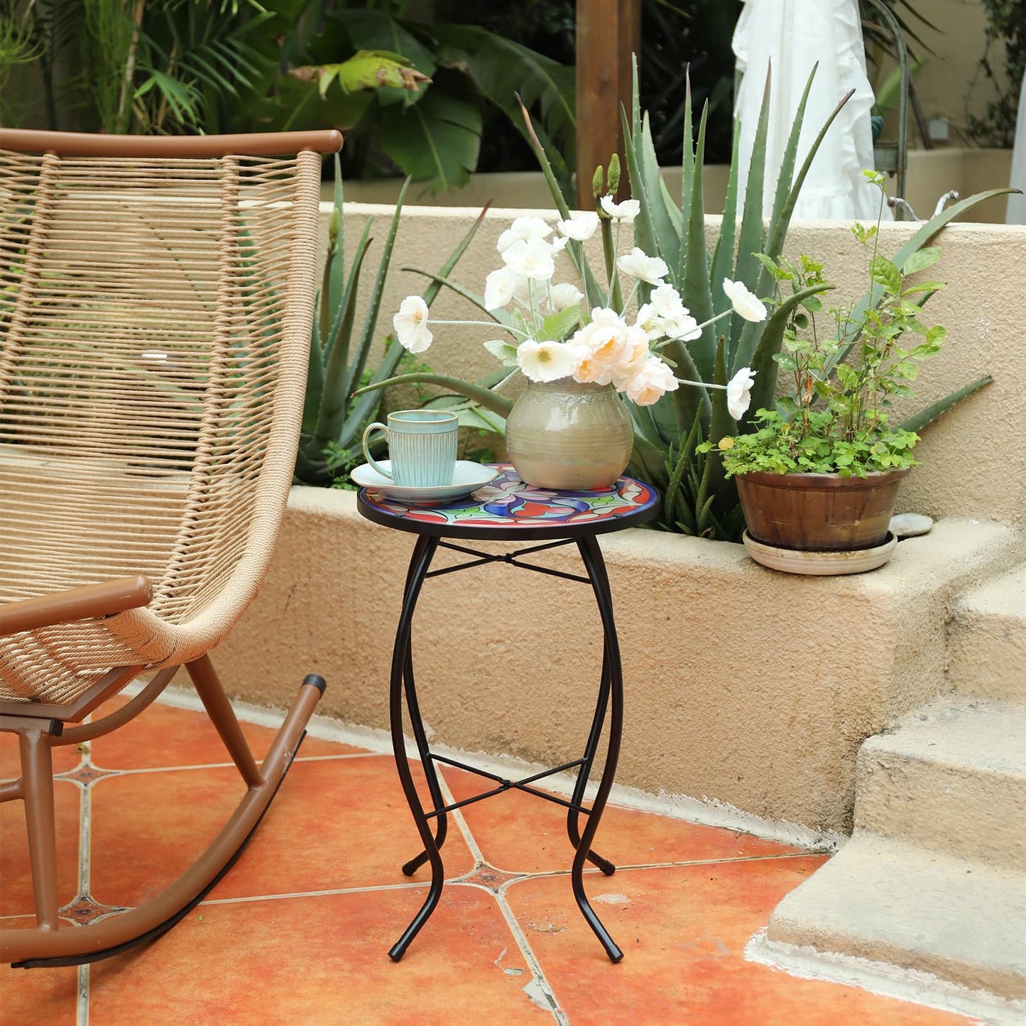 MUMTOP Side Patio Tables-Mosaic Outdoor Side Table - 14’’ Symmetrical Pattern Glass Accent Round End Table, Plant Stand Indoor Small Coffee Table for Garden or Living Room Decor