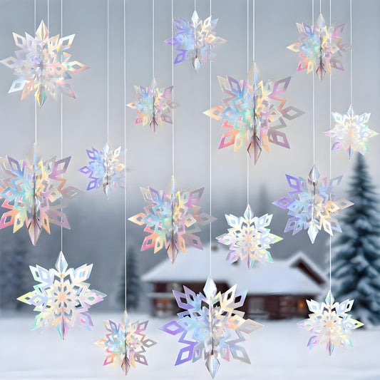 12pcs 3D Christmas Hanging Snowflakes Decorations， Iridescent Paper Snowflakes Snow Flakes Garland for Winter Wonderland Frozen Christmas Birthday Party Decorations，