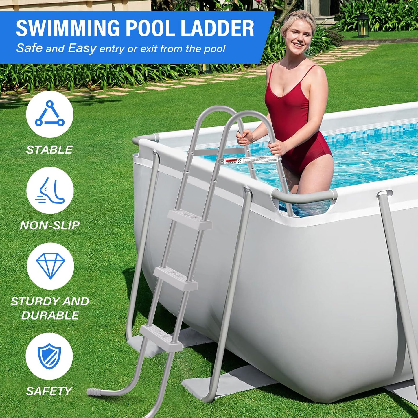 TIXANF 42" 3-Step Steel Frame Above Ground Swimming Pool Ladder,Heavy Duty Double Sided Removable Pool Steps,Pool Ladder Steps with Non-Slip Plastic Steps for Entry and Exit