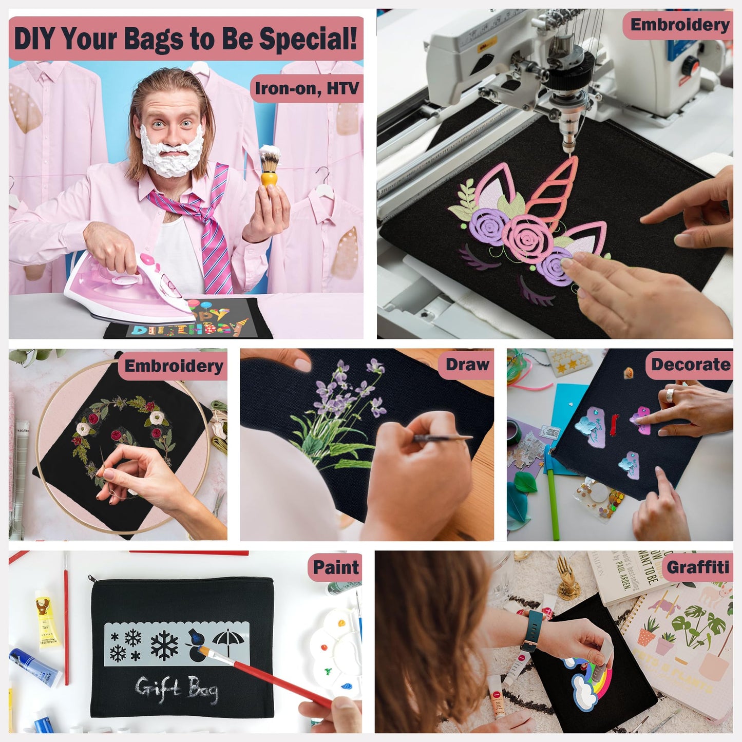Koolmox 20 Pieces Bulk 9x7 Large Black Canvas Makeup Bags, DIY Canvas Pouch Cosmetic Pouches with Zipper for Gifts Craft Sublimation Heat Transfer Painting Patches Embroidery Travel Storage