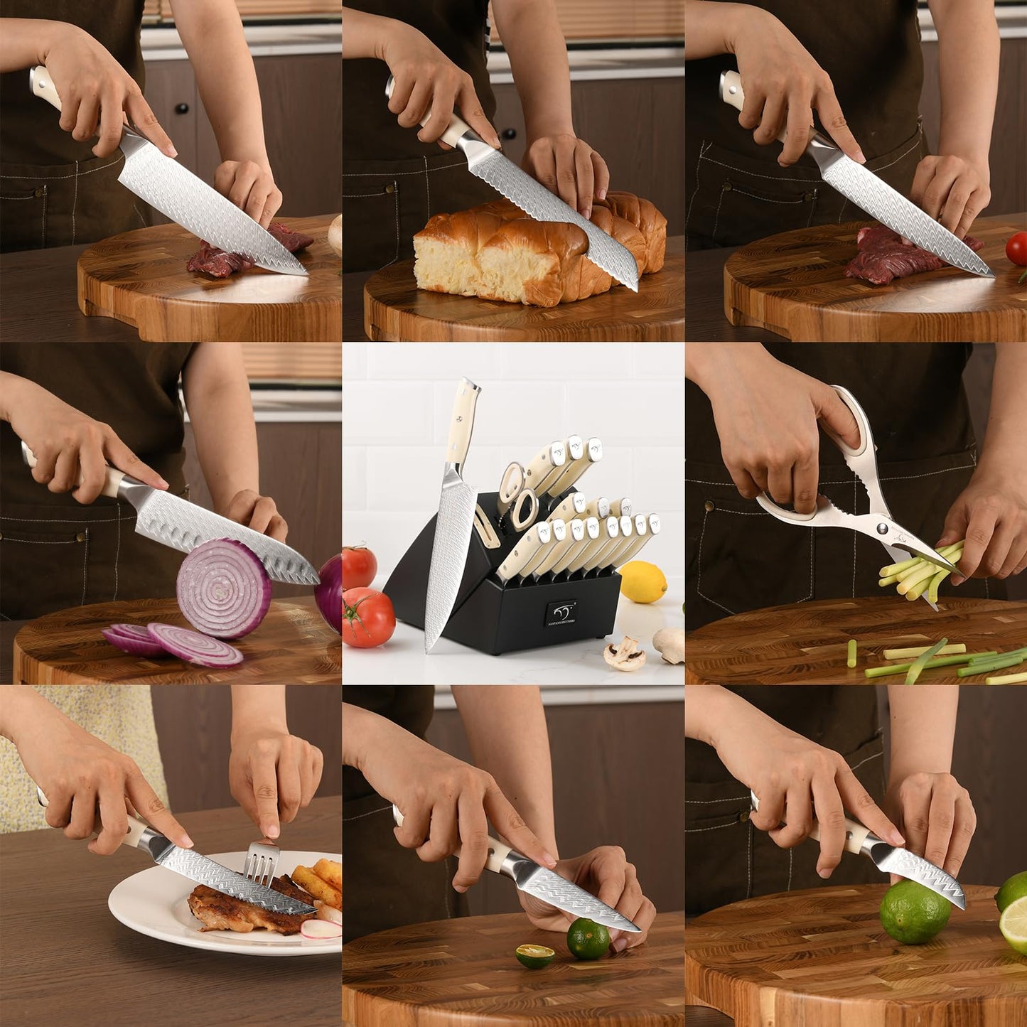 NANFANG BROTHERS Knife Sets Pieces for Kitchen with Block, Damascus Kitchen Knife Set with Block, ABS Ergonomic Handle for Chef Knife Set and Kitchen Shear(Black)