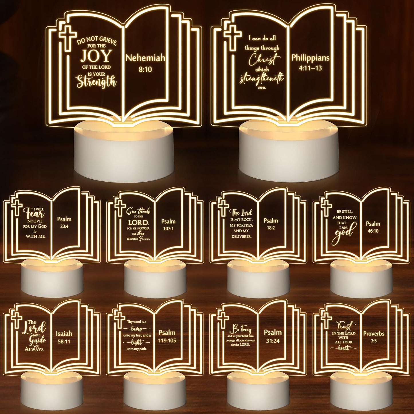VIHOSE 10 Sets Mother's Day Christian Gift Bulk for Women Religious Inspirational Acrylic Nightlight LED with Engraved Bible Verse Sayings for Wife Clergy Church Baptism(Faith Words)