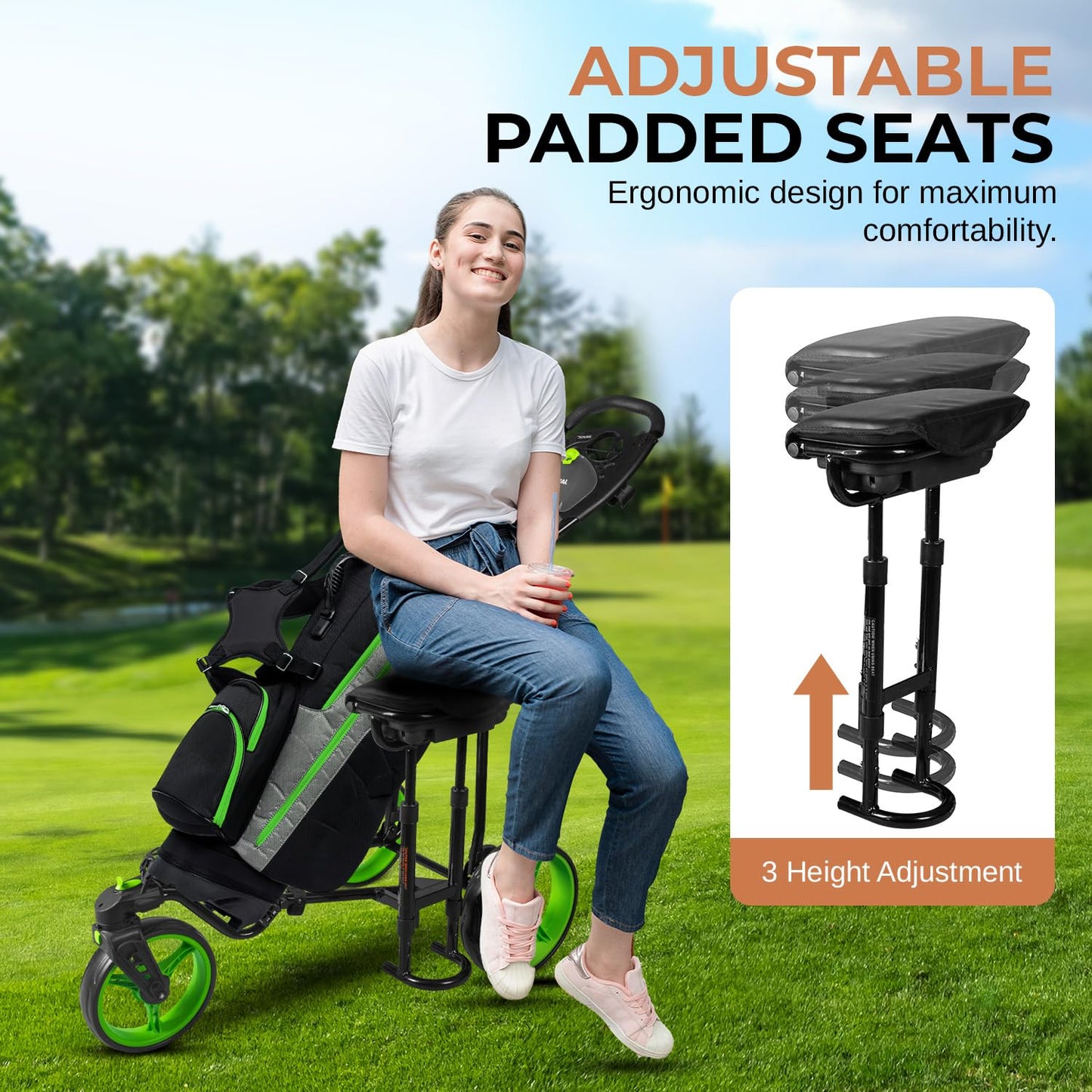 JOVIAL Golf Push Cart 3 Wheel - Lightweight Steel Frame Foldable Golf Bag Cart with Padded Adjustable Handle, Quick Brake System, Deluxe Scorecard Holder, Patented Bag Holder for Different Terrain