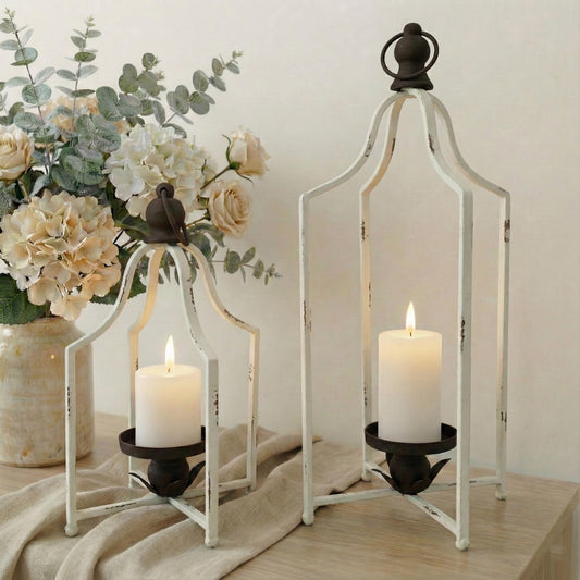 12.5" & 16.5" Timeless Cozy Decorative Lanterns Set of 2, Handcrafted Metal Iron Candle Holders, Farmhouse Elegance Fireplace Mantel Table Festive Gatherings Decor