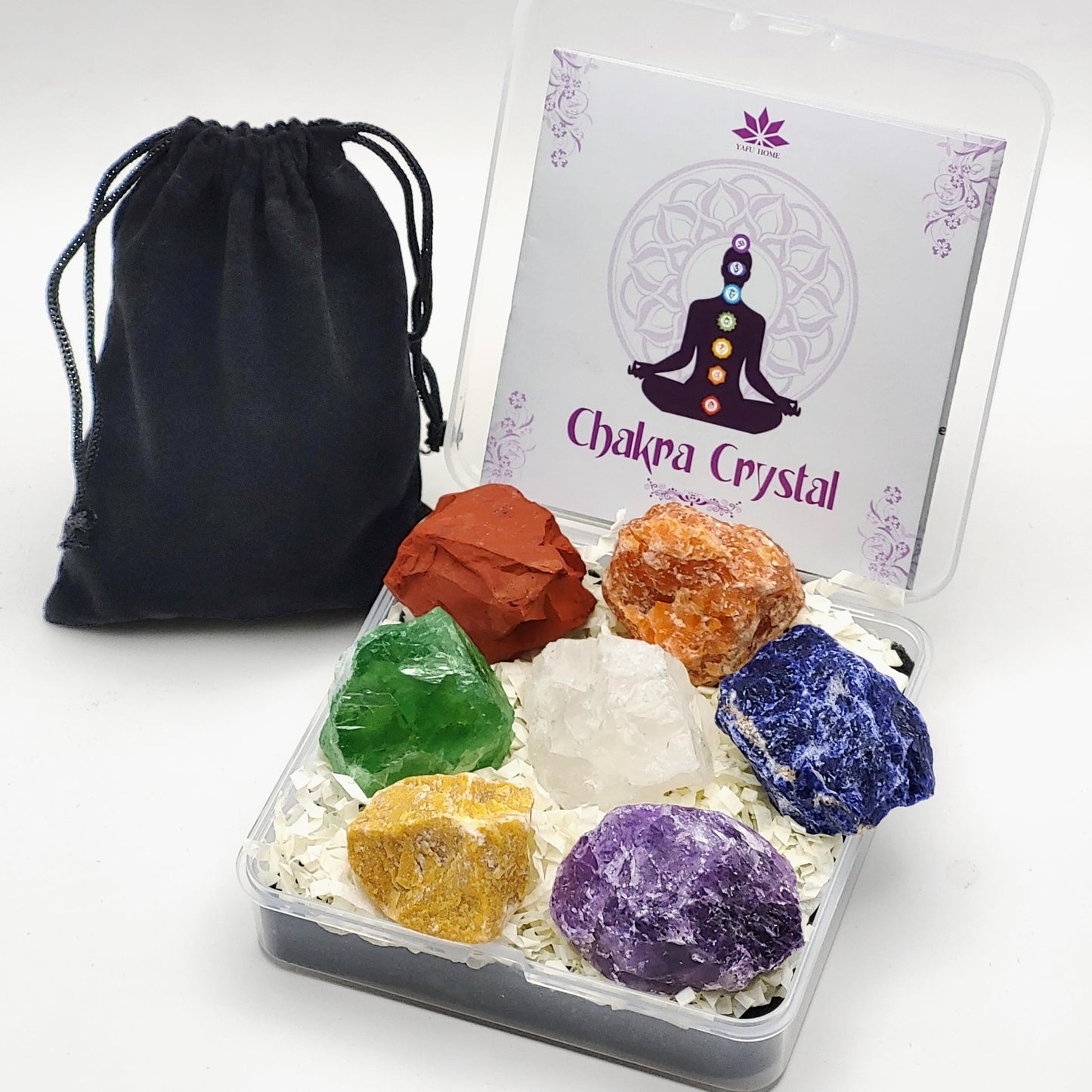 YAFU HOME 7Pcs Chakra Stones and Healing Crystals Gift Box - 7 Premium Raw Stones, Amethyst, Clear Crystal, with Velvet Pouch, Beginner's Gifts, for Meditation, Yoga, Reiki